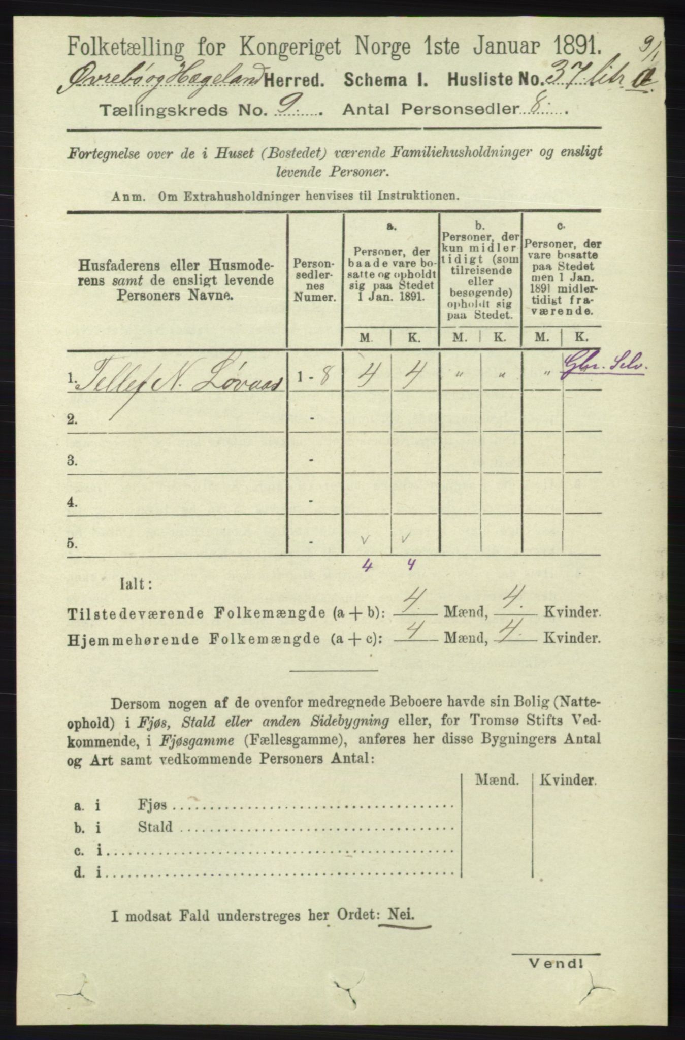 RA, 1891 census for 1016 Øvrebø og Hægeland, 1891, p. 1741