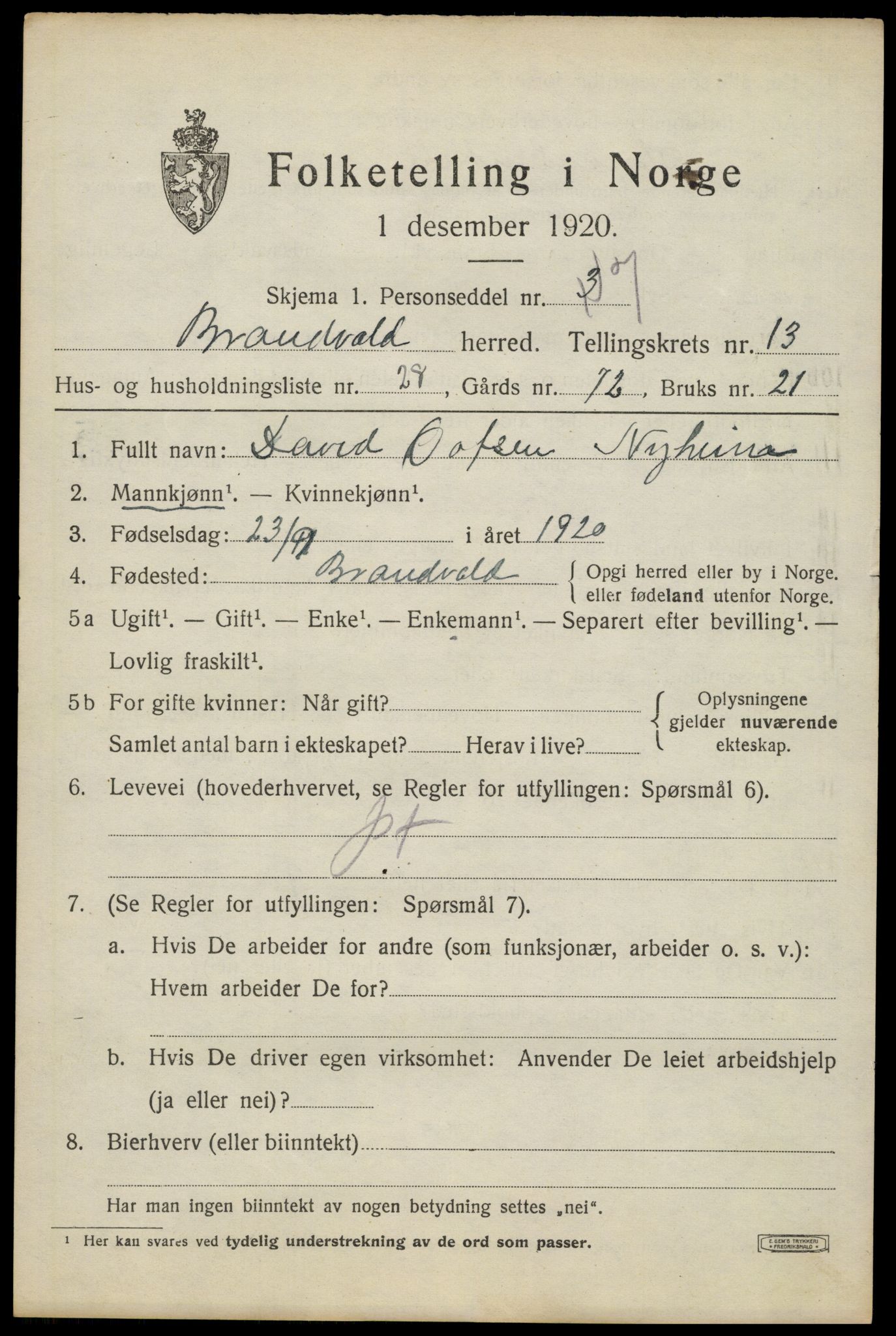 SAH, 1920 census for Brandval, 1920, p. 9480