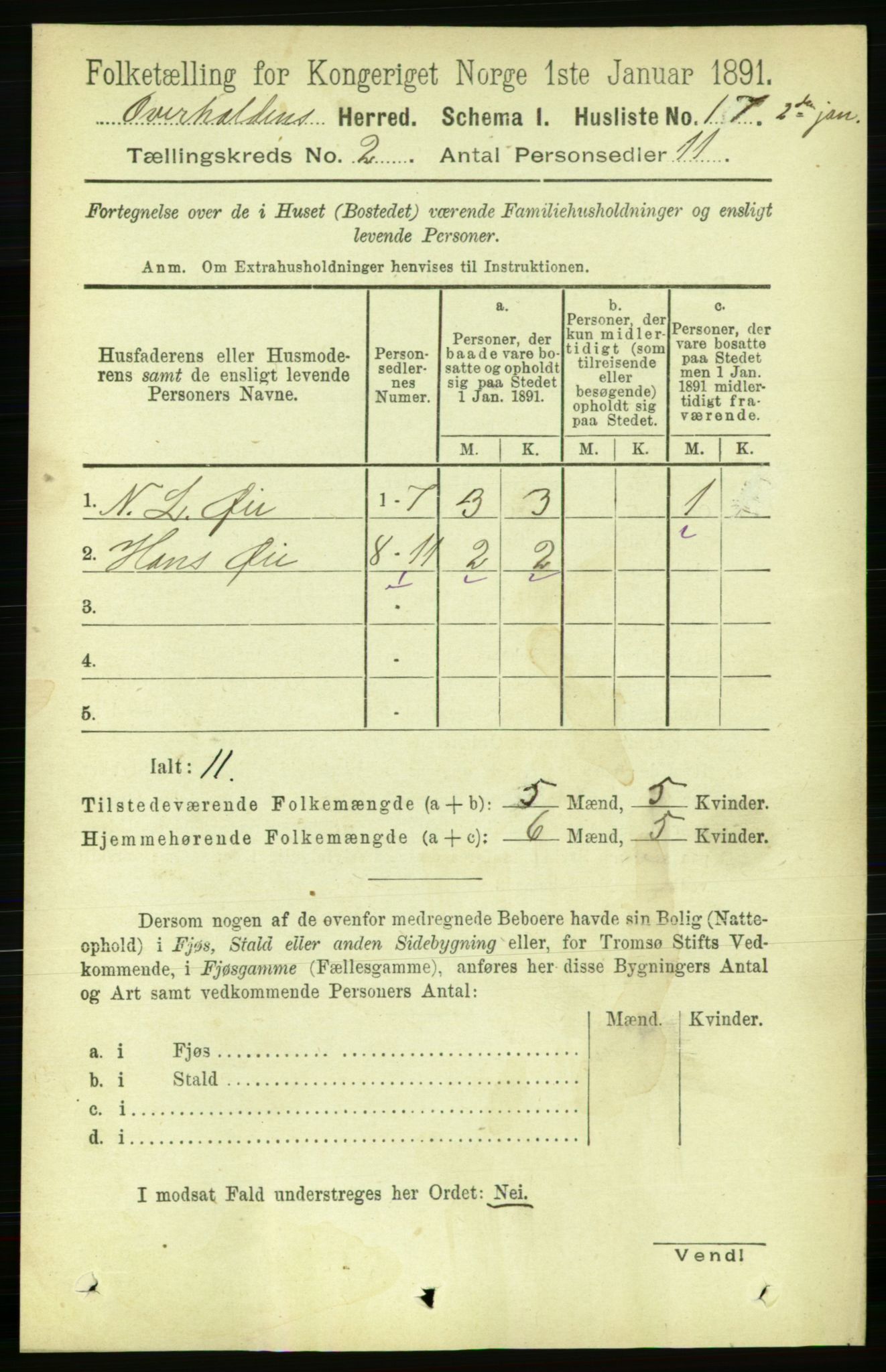 RA, 1891 census for 1744 Overhalla, 1891, p. 416