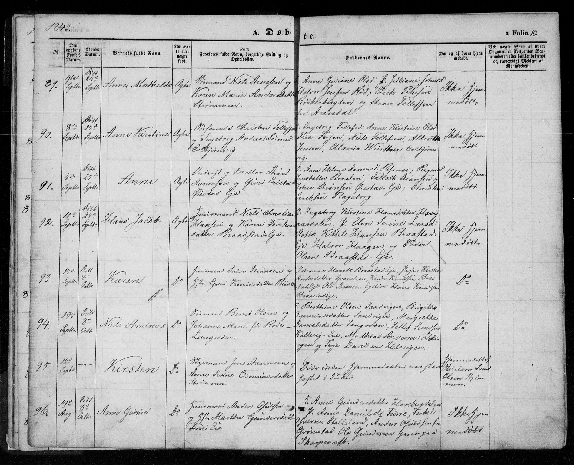 Øyestad sokneprestkontor, AV/SAK-1111-0049/F/Fa/L0014: Parish register (official) no. A 14, 1843-1856, p. 10