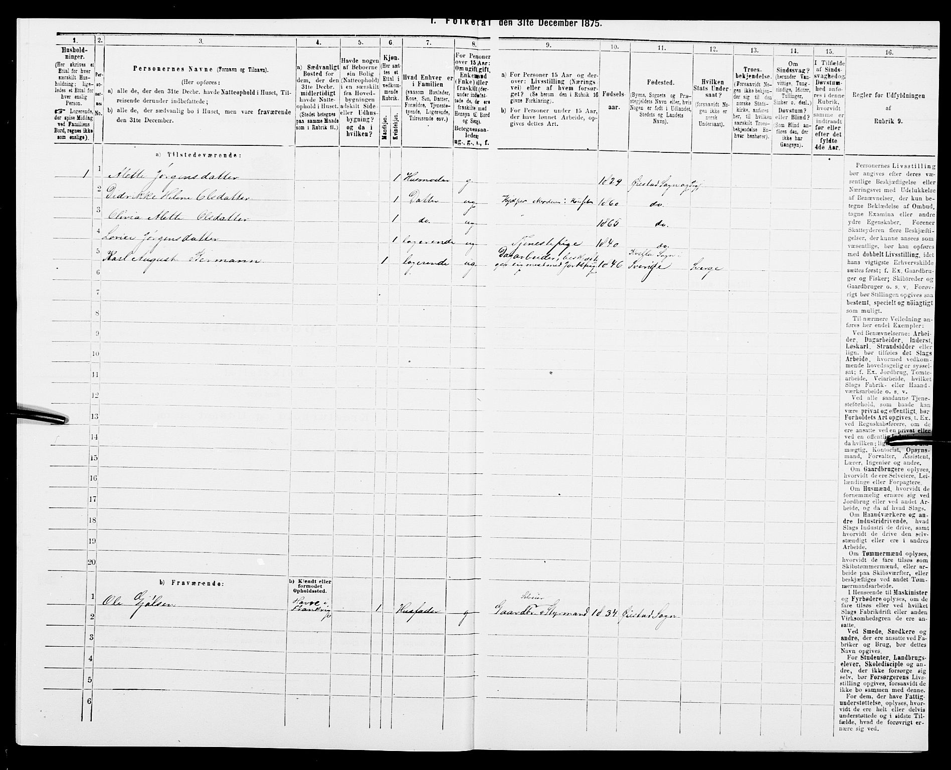 SAK, 1875 census for 0920P Øyestad, 1875, p. 613