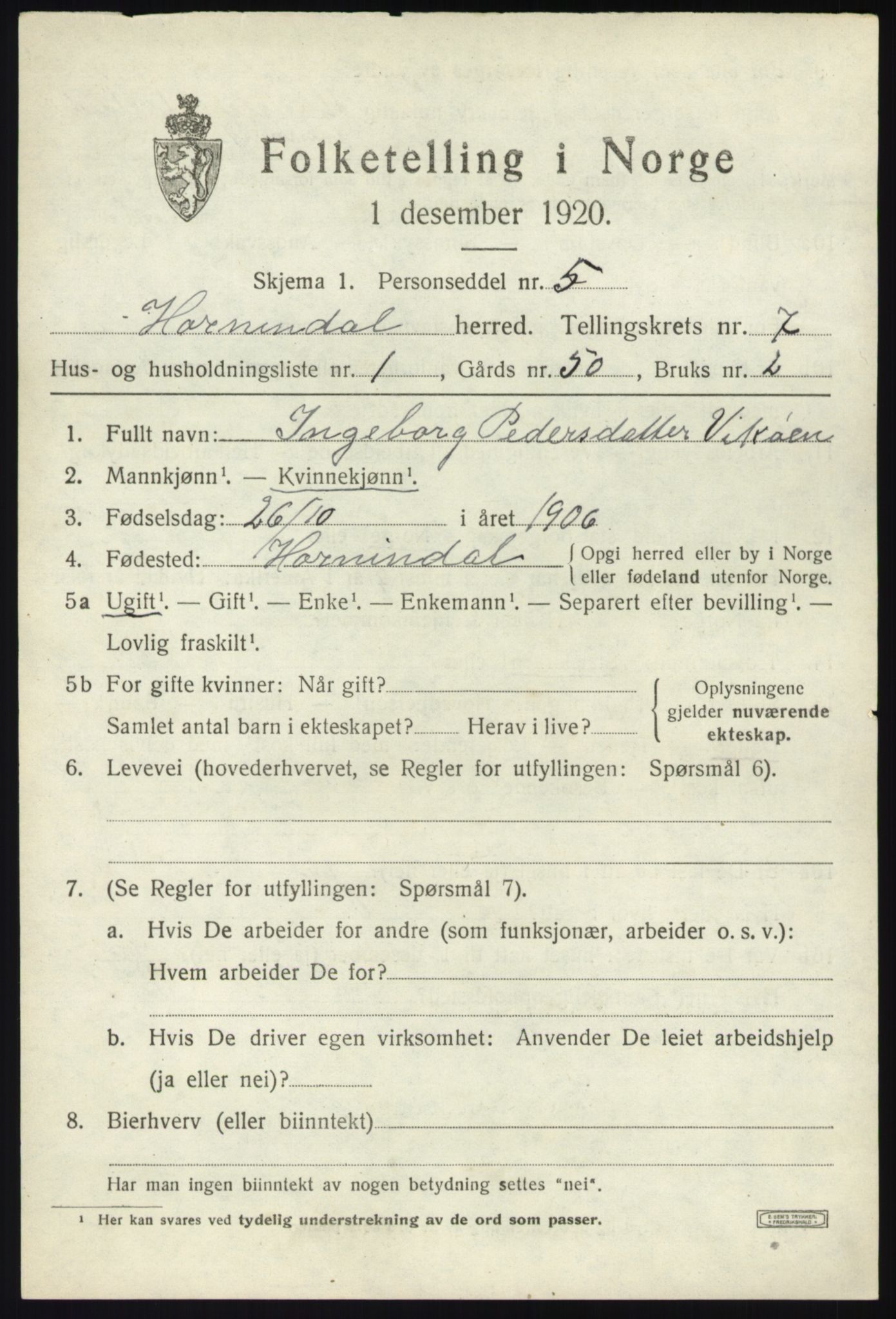 SAB, 1920 census for Hornindal, 1920, p. 3422