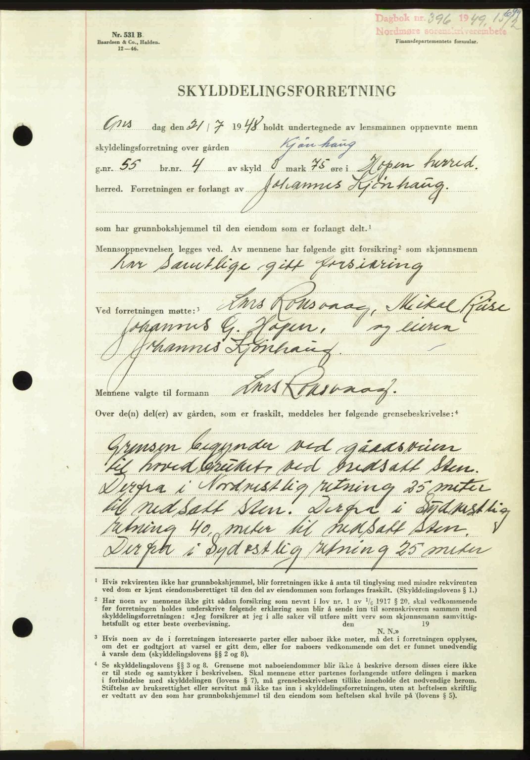 Nordmøre sorenskriveri, AV/SAT-A-4132/1/2/2Ca: Mortgage book no. A110, 1948-1949, Diary no: : 396/1949