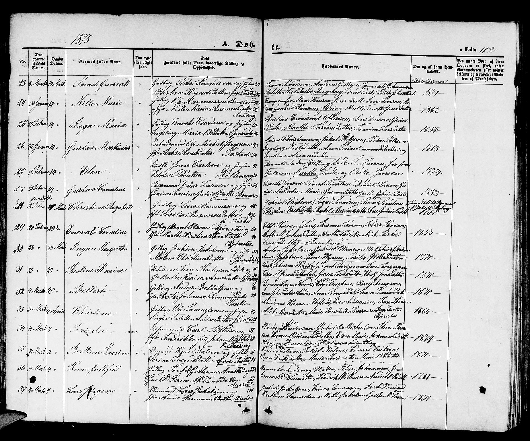 Hetland sokneprestkontor, SAST/A-101826/30/30BB/L0003: Parish register (copy) no. B 3, 1863-1877, p. 102