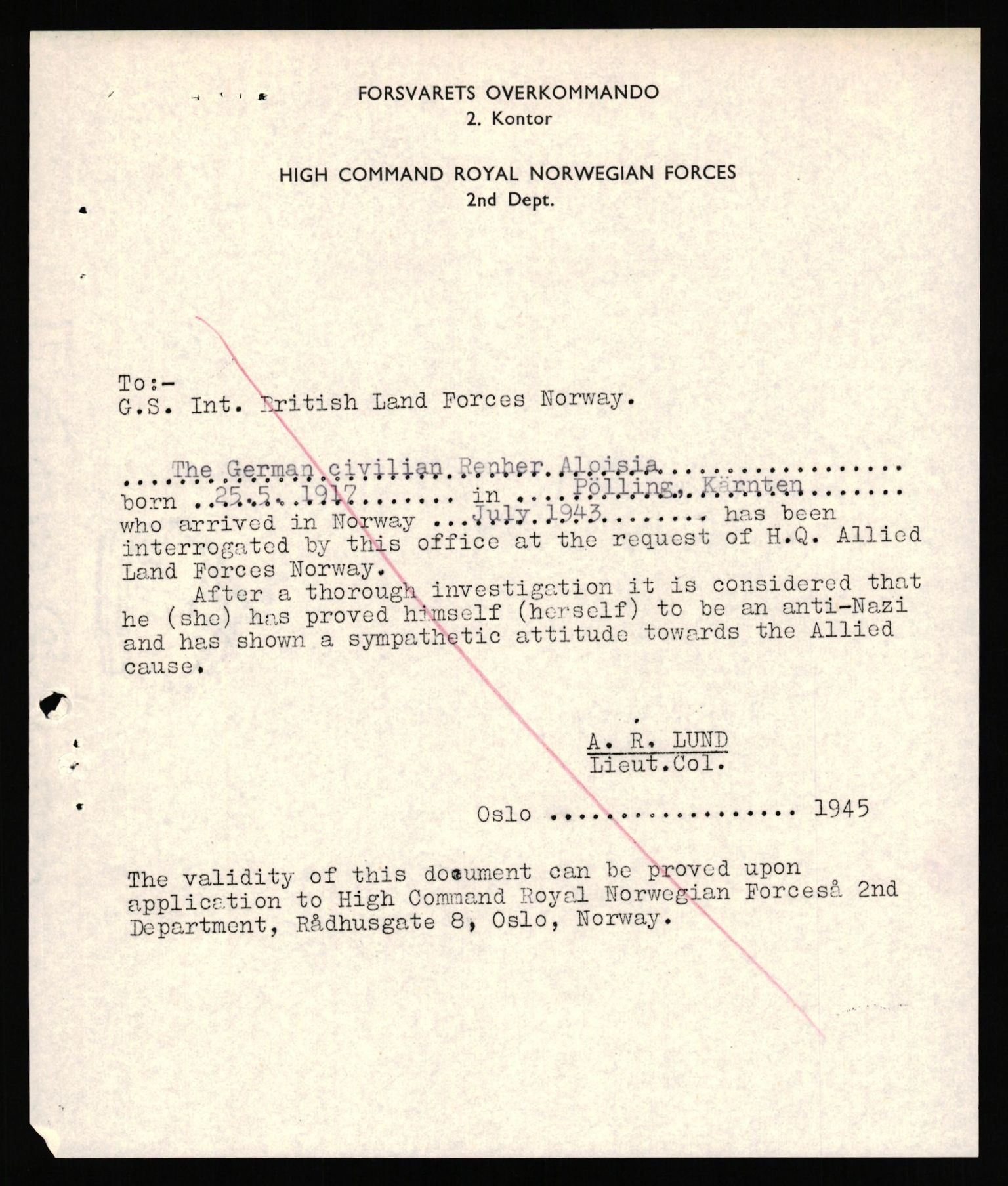 Forsvaret, Forsvarets overkommando II, AV/RA-RAFA-3915/D/Db/L0040: CI Questionaires. Tyske okkupasjonsstyrker i Norge. Østerrikere., 1945-1946, p. 102