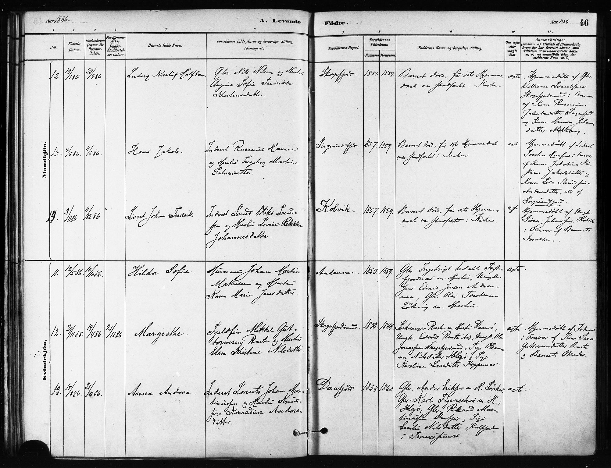 Karlsøy sokneprestembete, AV/SATØ-S-1299/H/Ha/Haa/L0011kirke: Parish register (official) no. 11, 1879-1892, p. 46