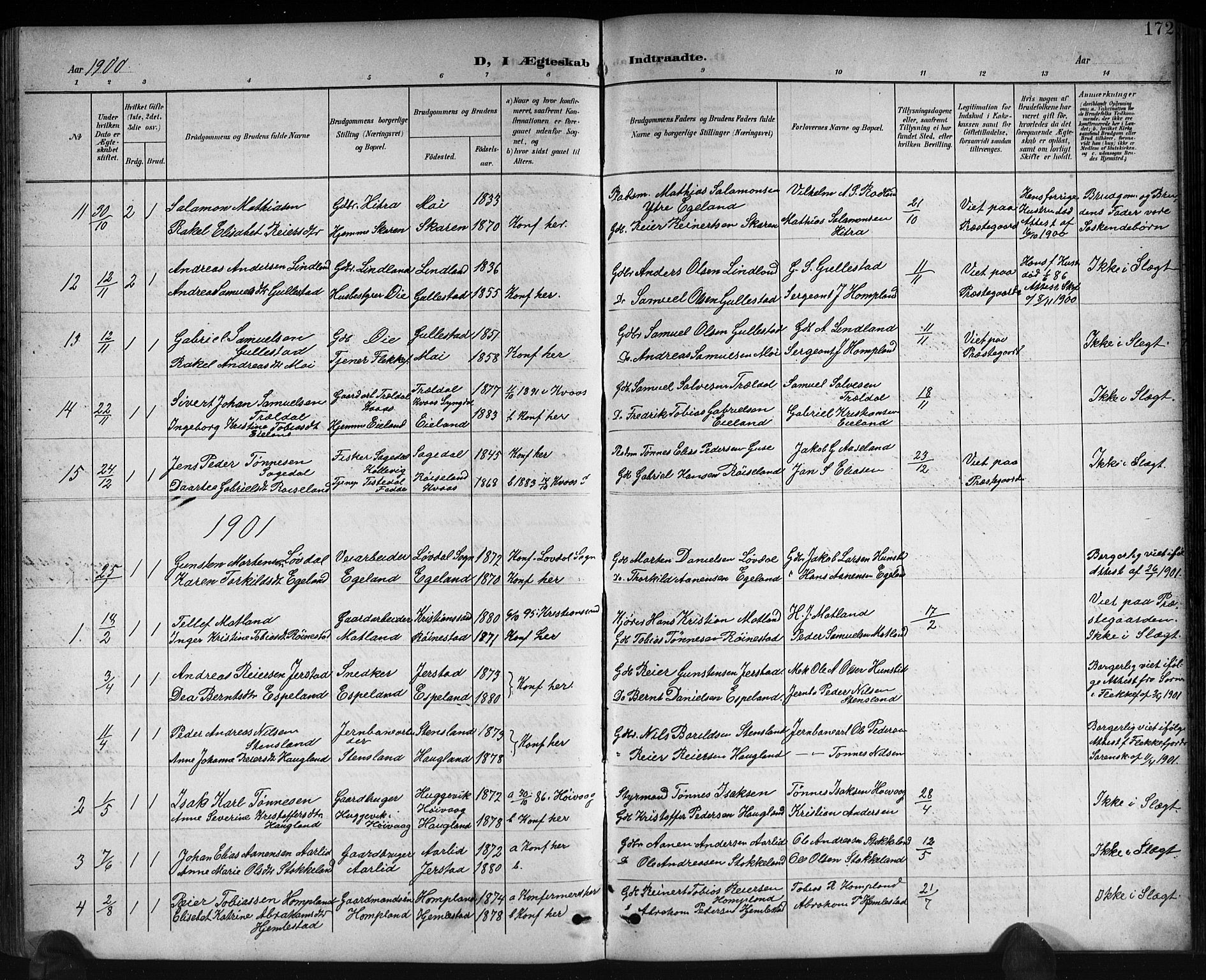 Kvinesdal sokneprestkontor, AV/SAK-1111-0026/F/Fb/Fbb/L0003: Parish register (copy) no. B 3, 1898-1916, p. 172