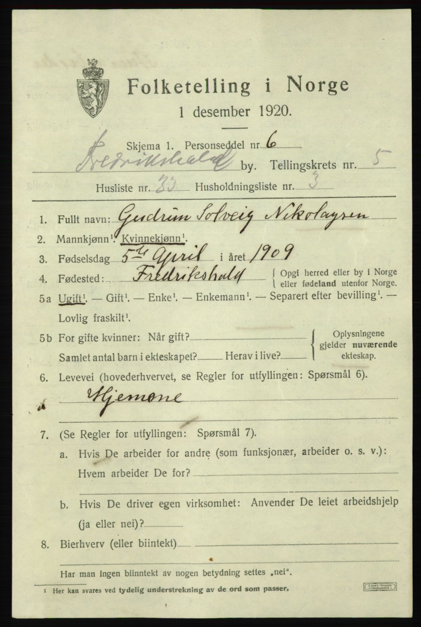 SAO, 1920 census for Fredrikshald, 1920, p. 12807