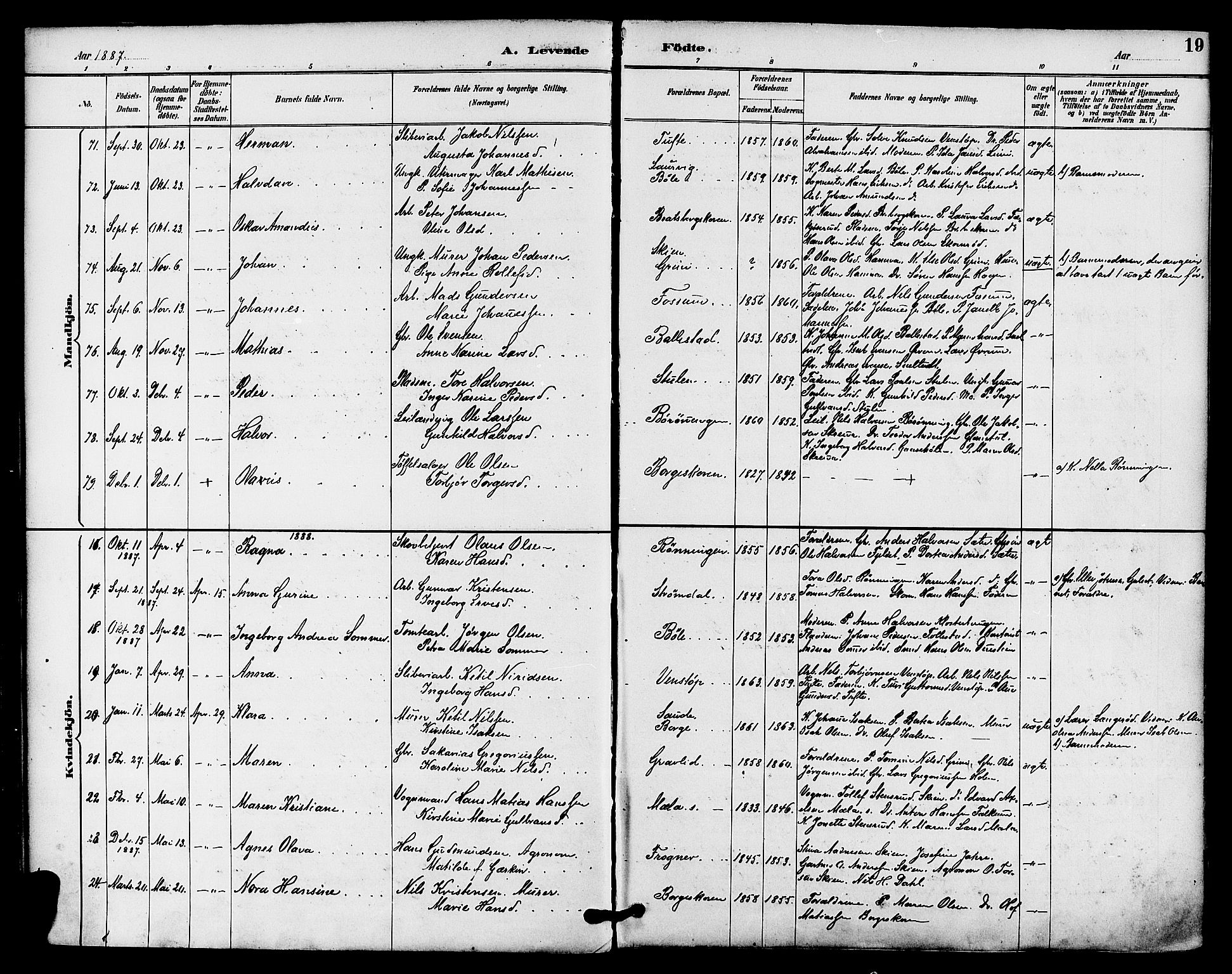 Gjerpen kirkebøker, AV/SAKO-A-265/F/Fa/L0010: Parish register (official) no. I 10, 1886-1895, p. 19