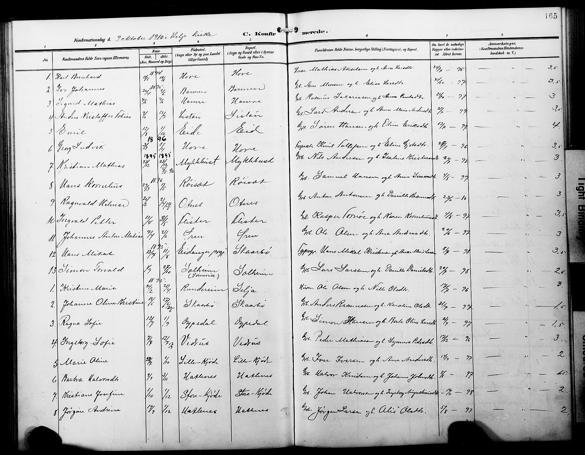 Selje sokneprestembete, AV/SAB-A-99938/H/Ha/Hab/Habb: Parish register (copy) no. B 1, 1905-1923, p. 165