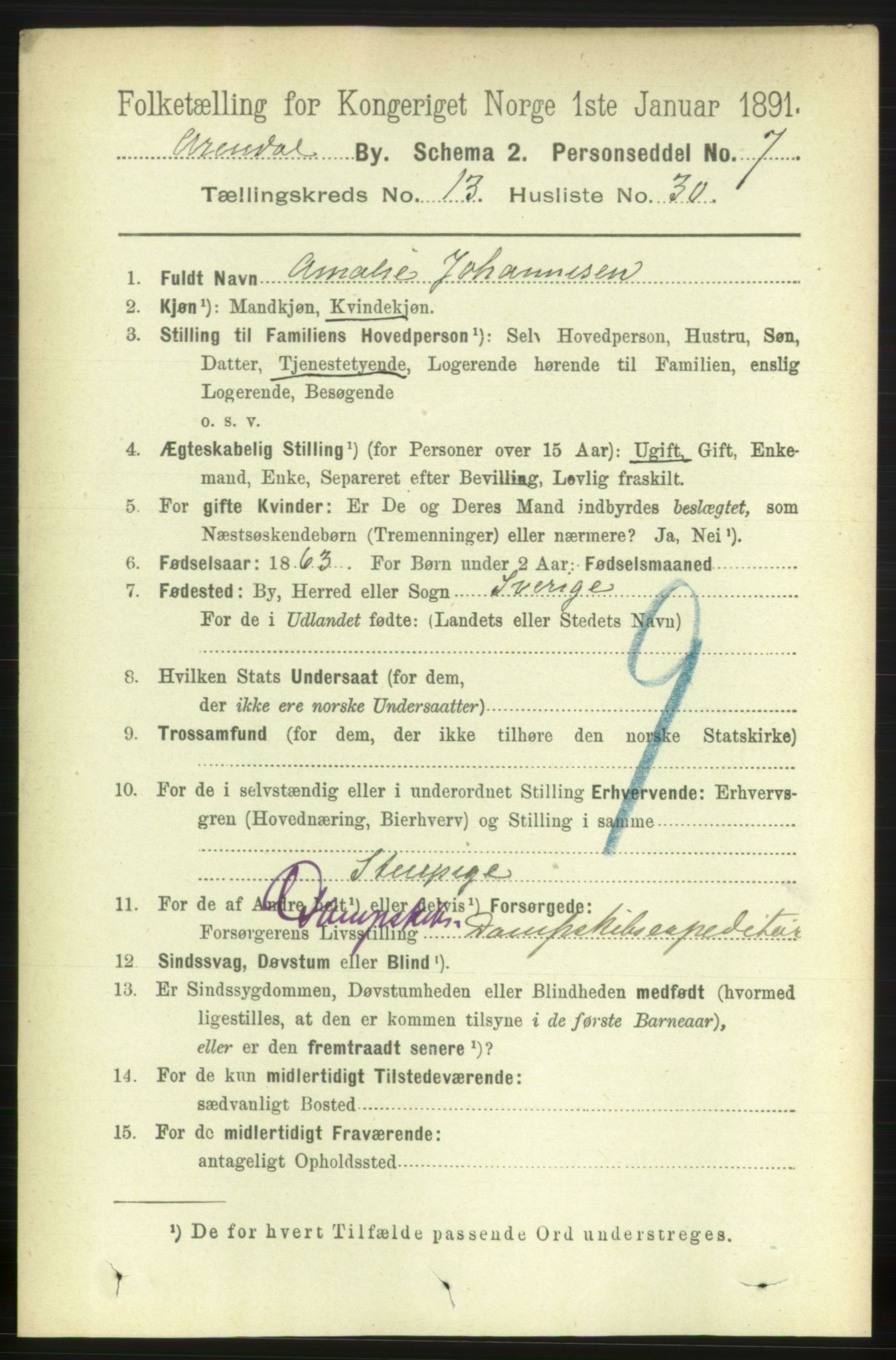 RA, 1891 census for 0903 Arendal, 1891, p. 4720