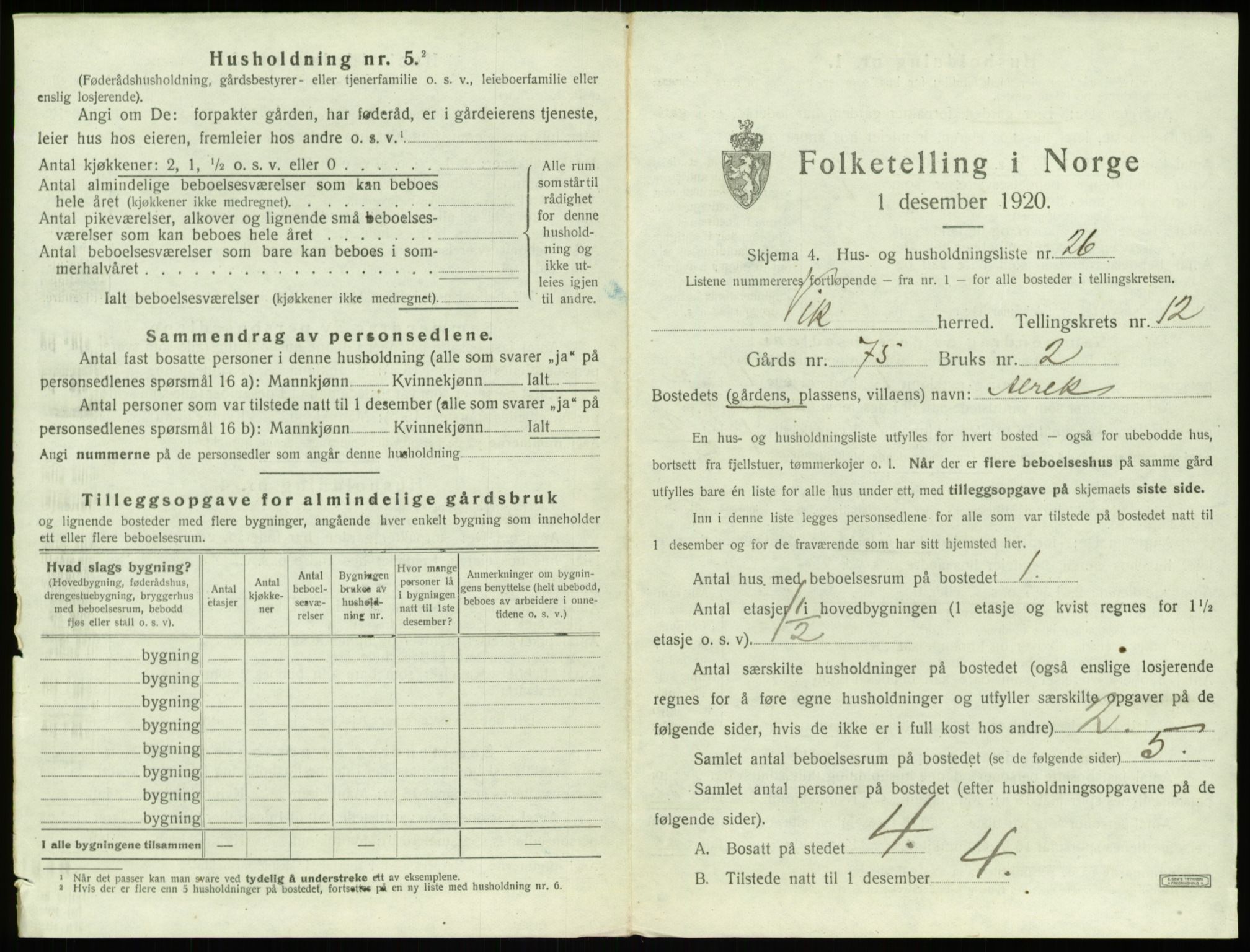 SAB, 1920 census for Vik, 1920, p. 1137