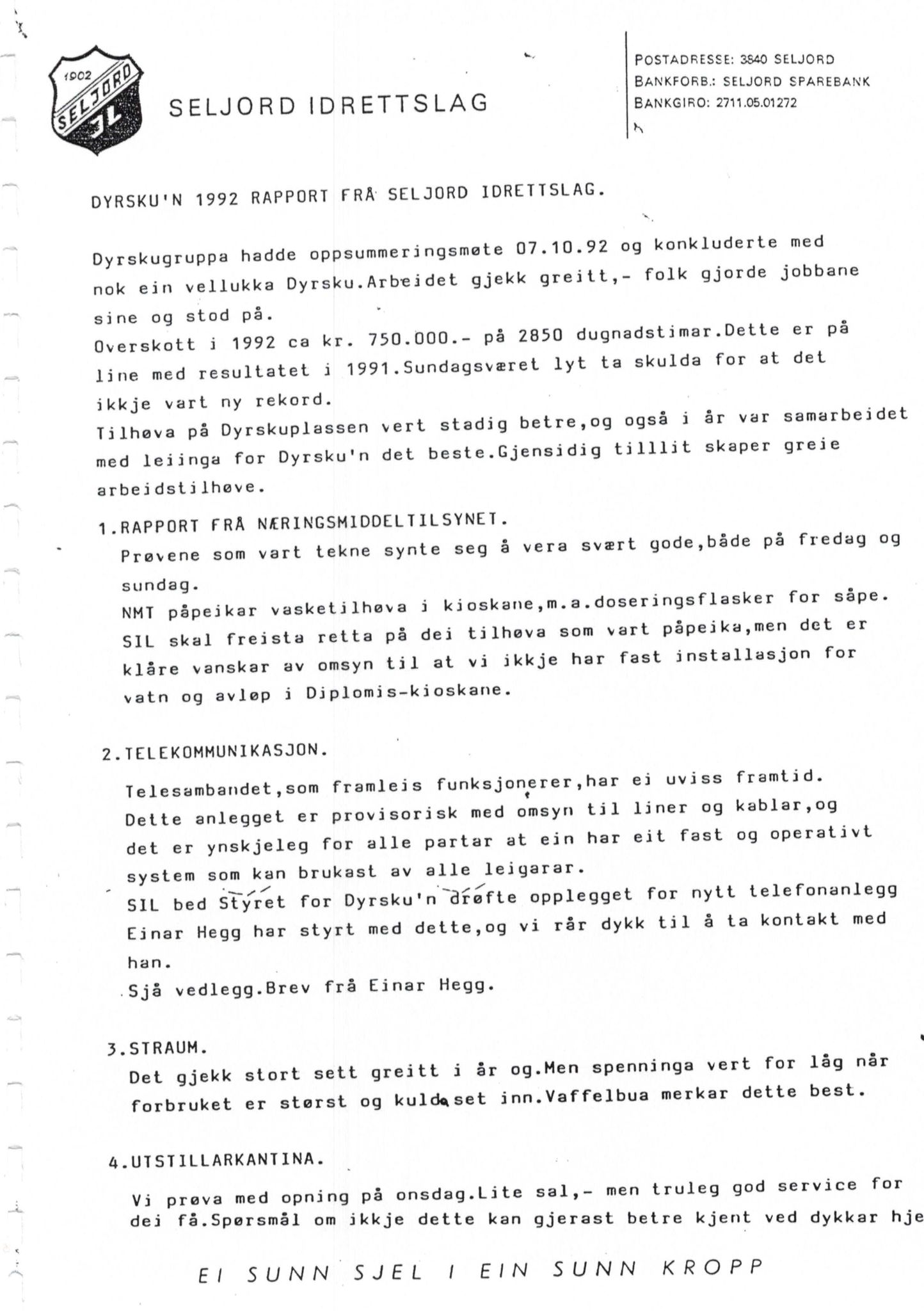 Seljord Idrettslag, VTM/A-1034/A/Ab/L0002: Årsmeldingar, 1992
