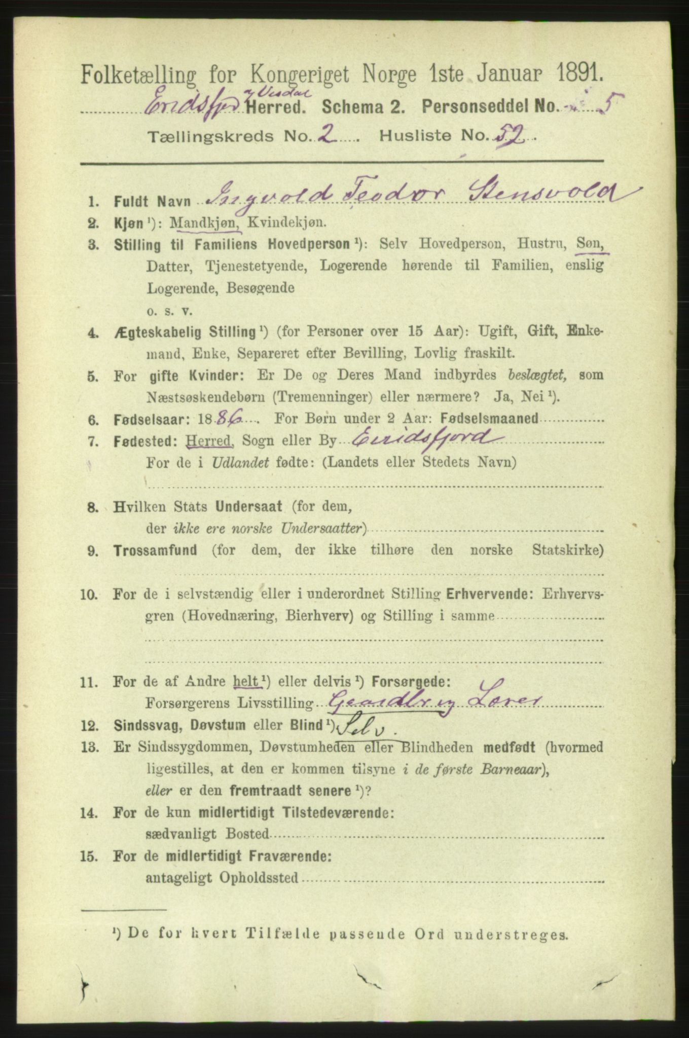 RA, 1891 census for 1542 Eresfjord og Vistdal, 1891, p. 590