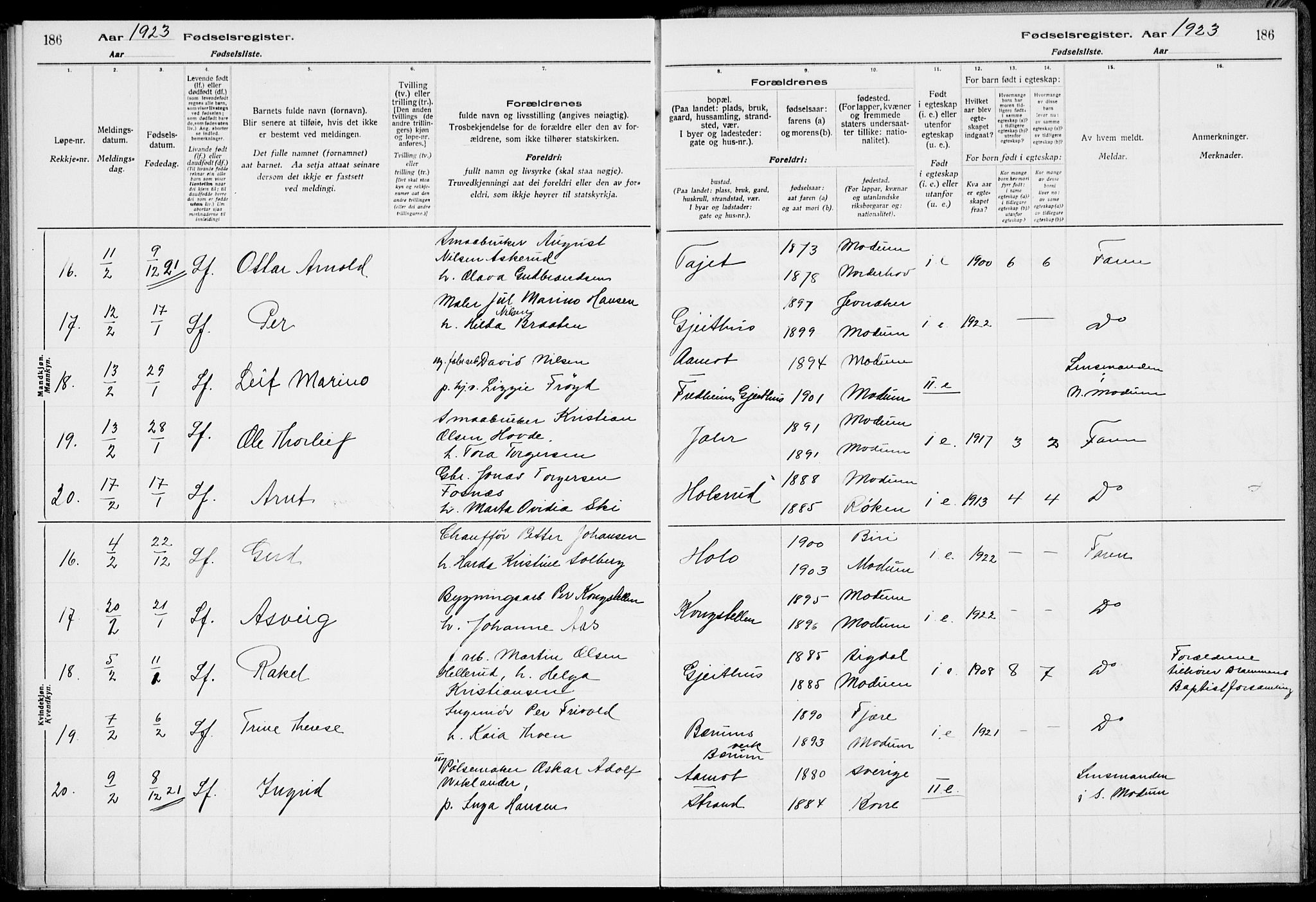 Modum kirkebøker, AV/SAKO-A-234/J/Ja/L0001: Birth register no. I 1, 1916-1923, p. 186