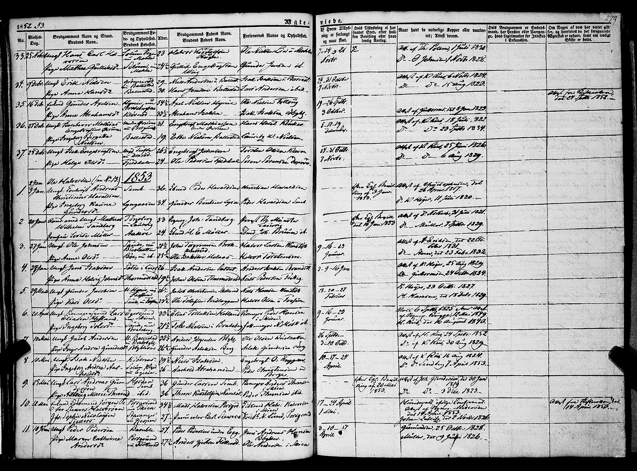 Gjerpen kirkebøker, SAKO/A-265/F/Fa/L0007b: Parish register (official) no. I 7B, 1834-1857, p. 279