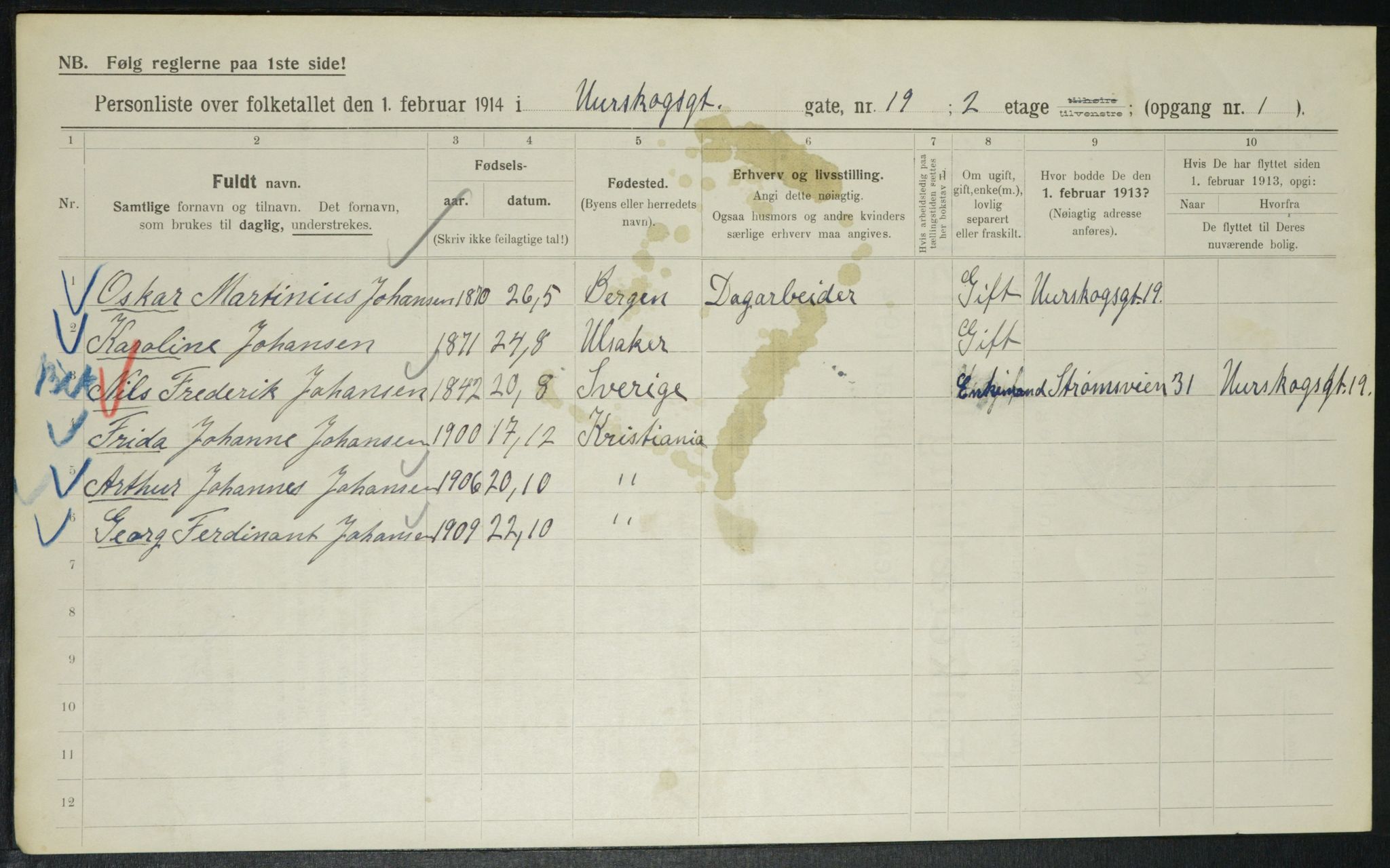 OBA, Municipal Census 1914 for Kristiania, 1914, p. 2639