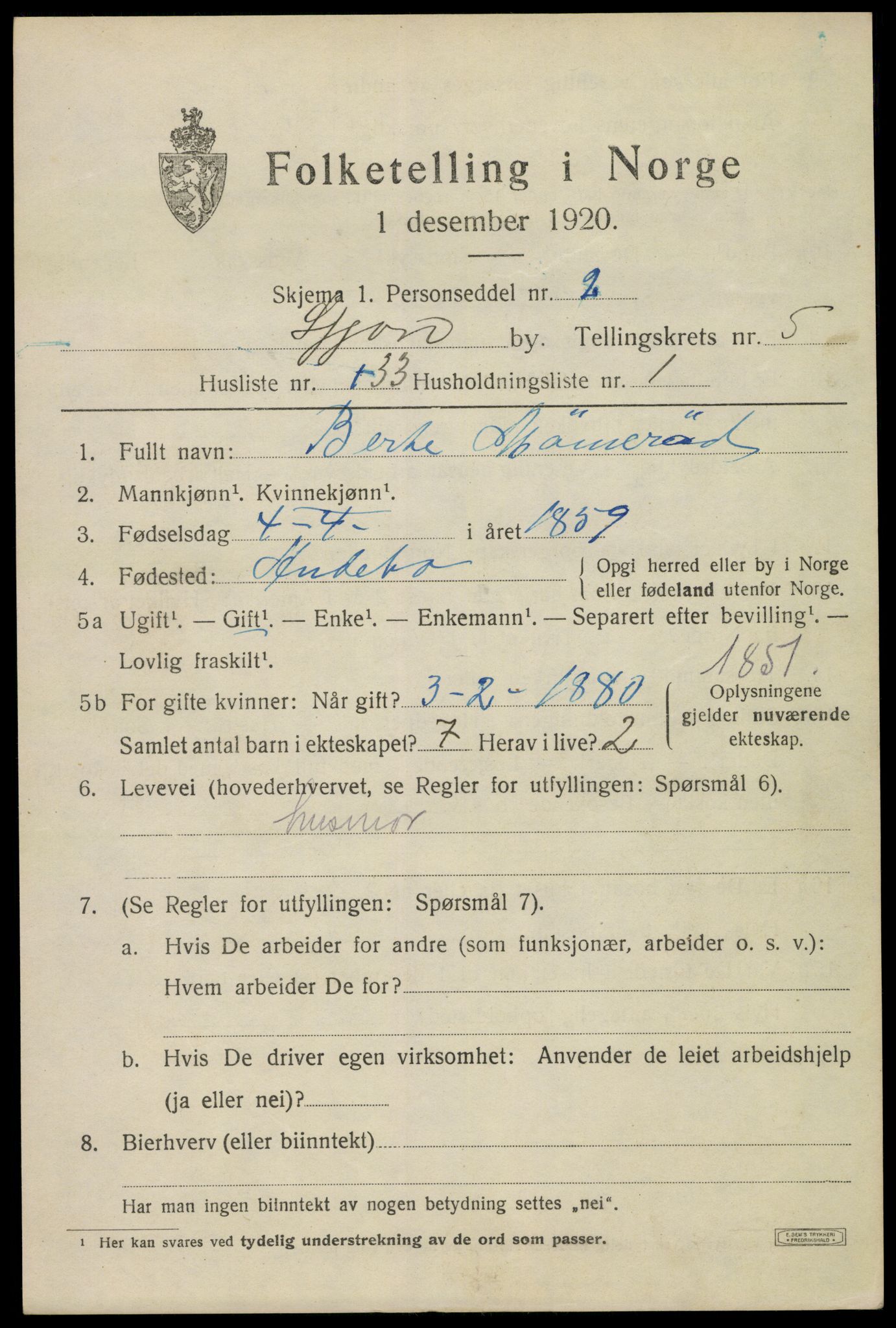 SAKO, 1920 census for Sandefjord, 1920, p. 9042