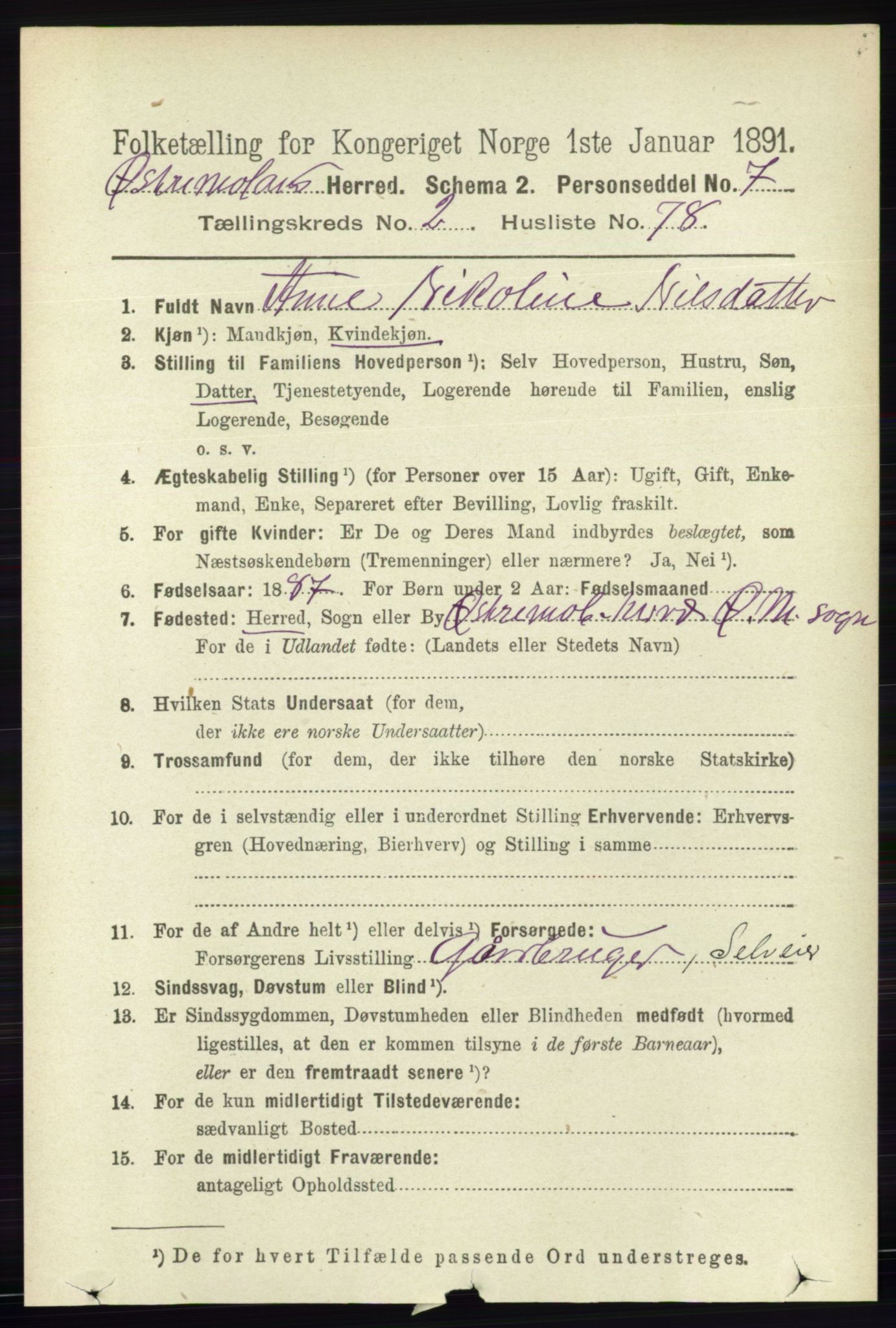RA, 1891 census for 0918 Austre Moland, 1891, p. 1130