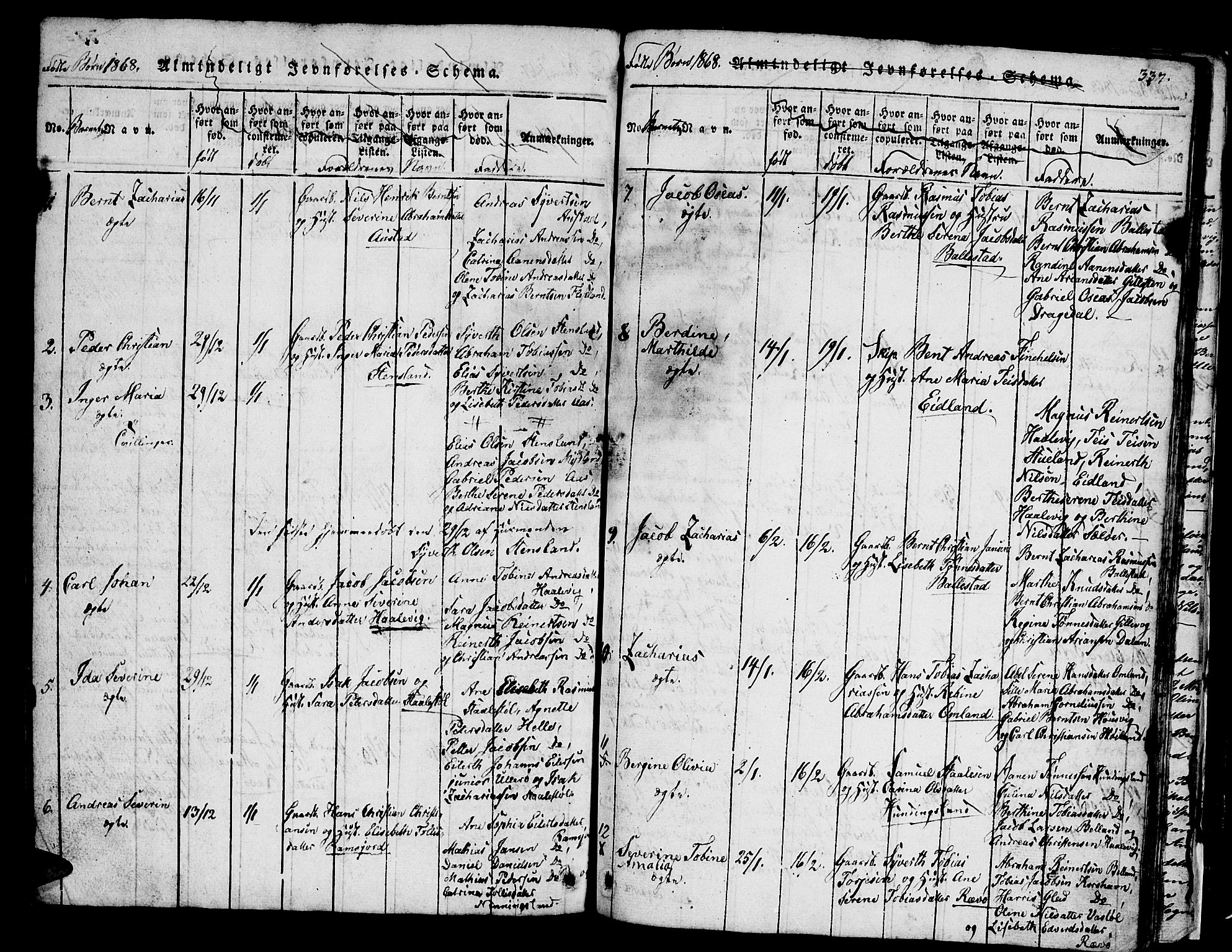 Lyngdal sokneprestkontor, SAK/1111-0029/F/Fb/Fba/L0001: Parish register (copy) no. B 1, 1816-1876, p. 337