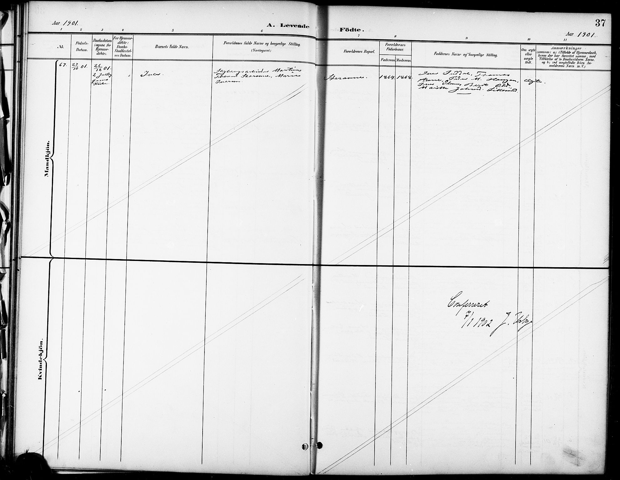 Ministerialprotokoller, klokkerbøker og fødselsregistre - Sør-Trøndelag, SAT/A-1456/668/L0819: Parish register (copy) no. 668C08, 1899-1912, p. 37