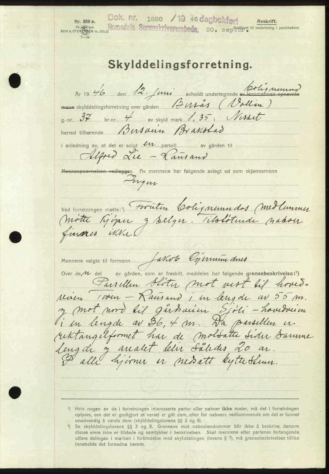 Romsdal sorenskriveri, AV/SAT-A-4149/1/2/2C: Mortgage book no. A20, 1946-1946, Diary no: : 1880/1946