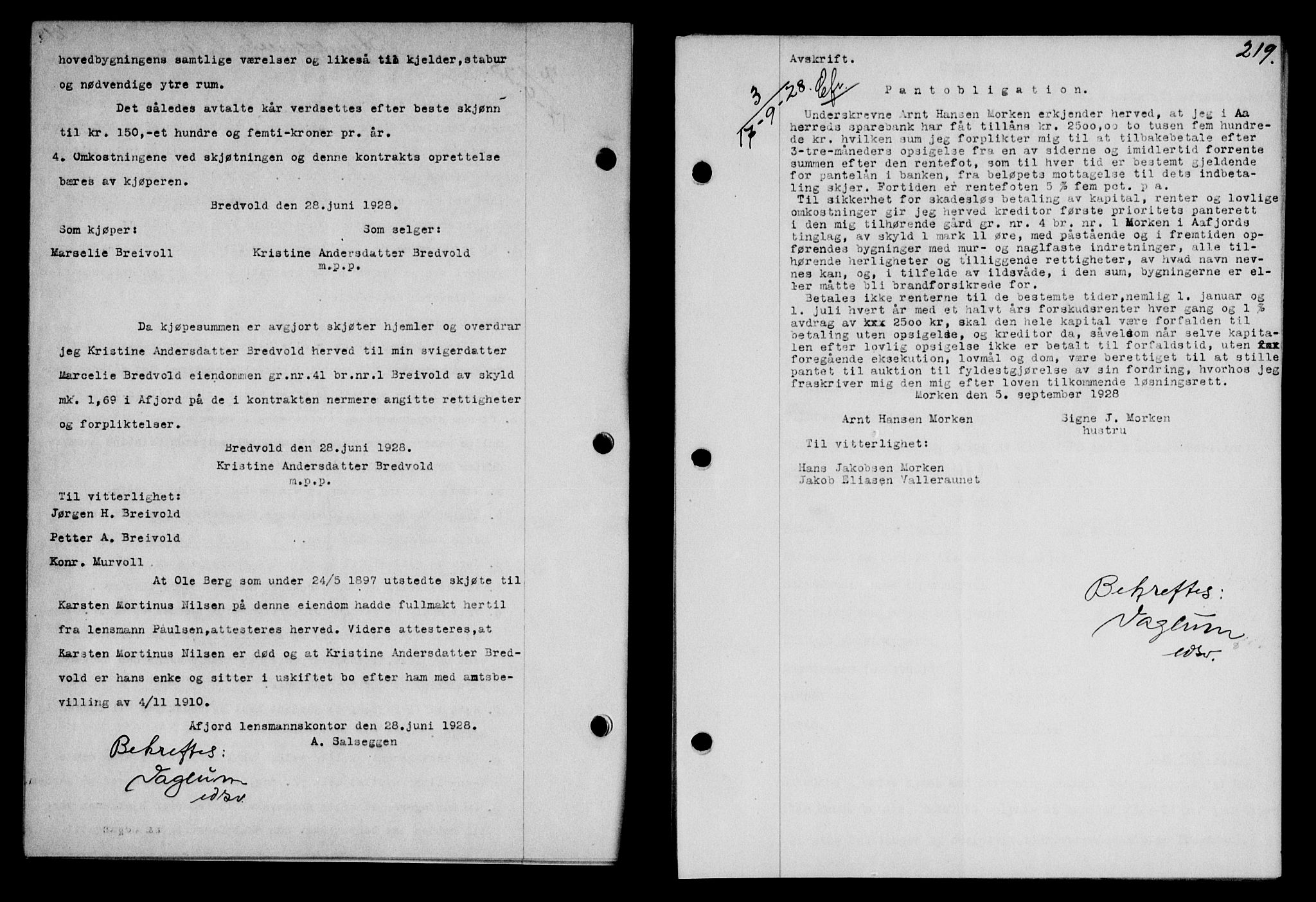 Fosen sorenskriveri, AV/SAT-A-1107/1/2/2C/L0067: Mortgage book no. 58, 1928-1929, p. 219, Deed date: 17.09.1928