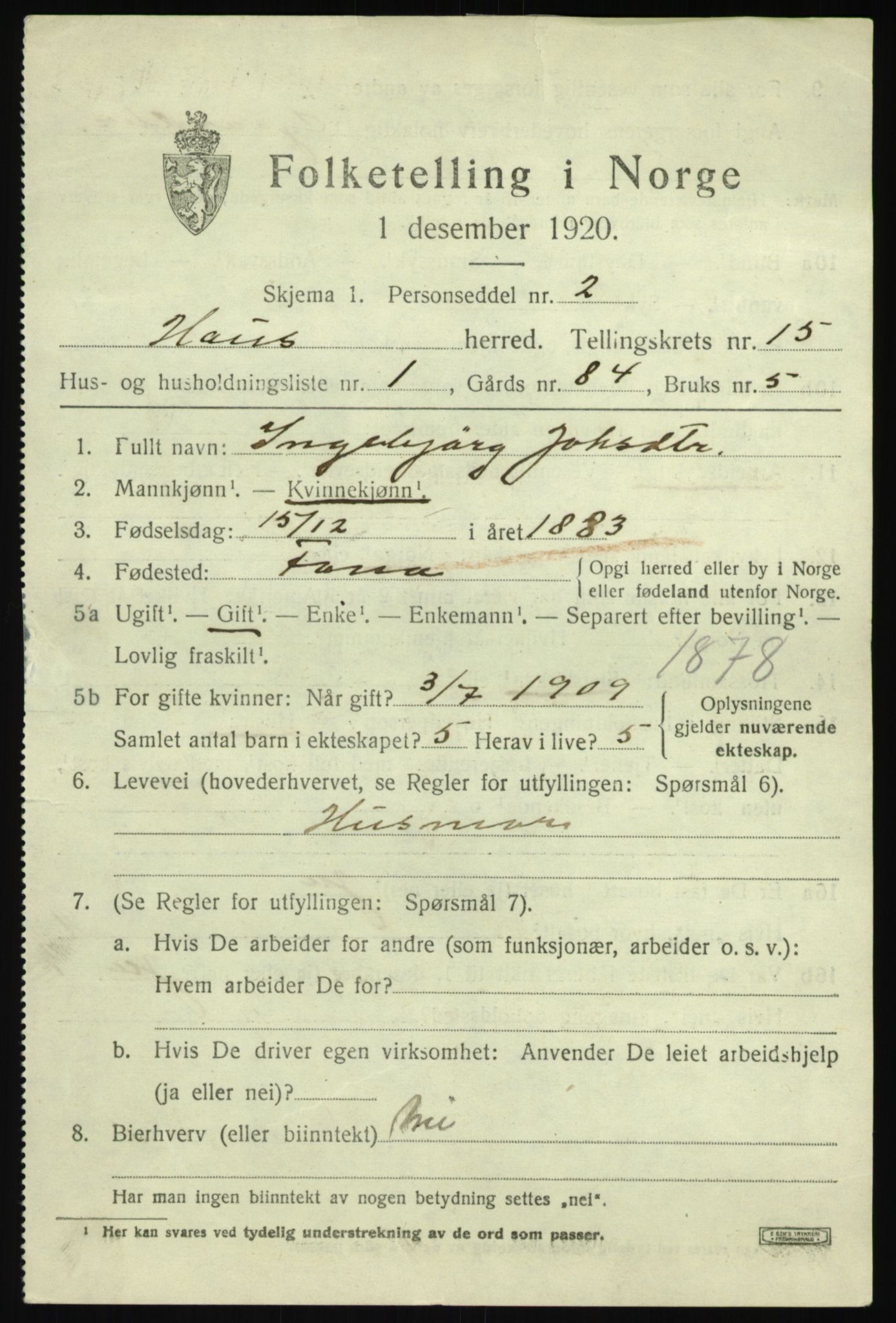 SAB, 1920 census for Haus, 1920, p. 9192