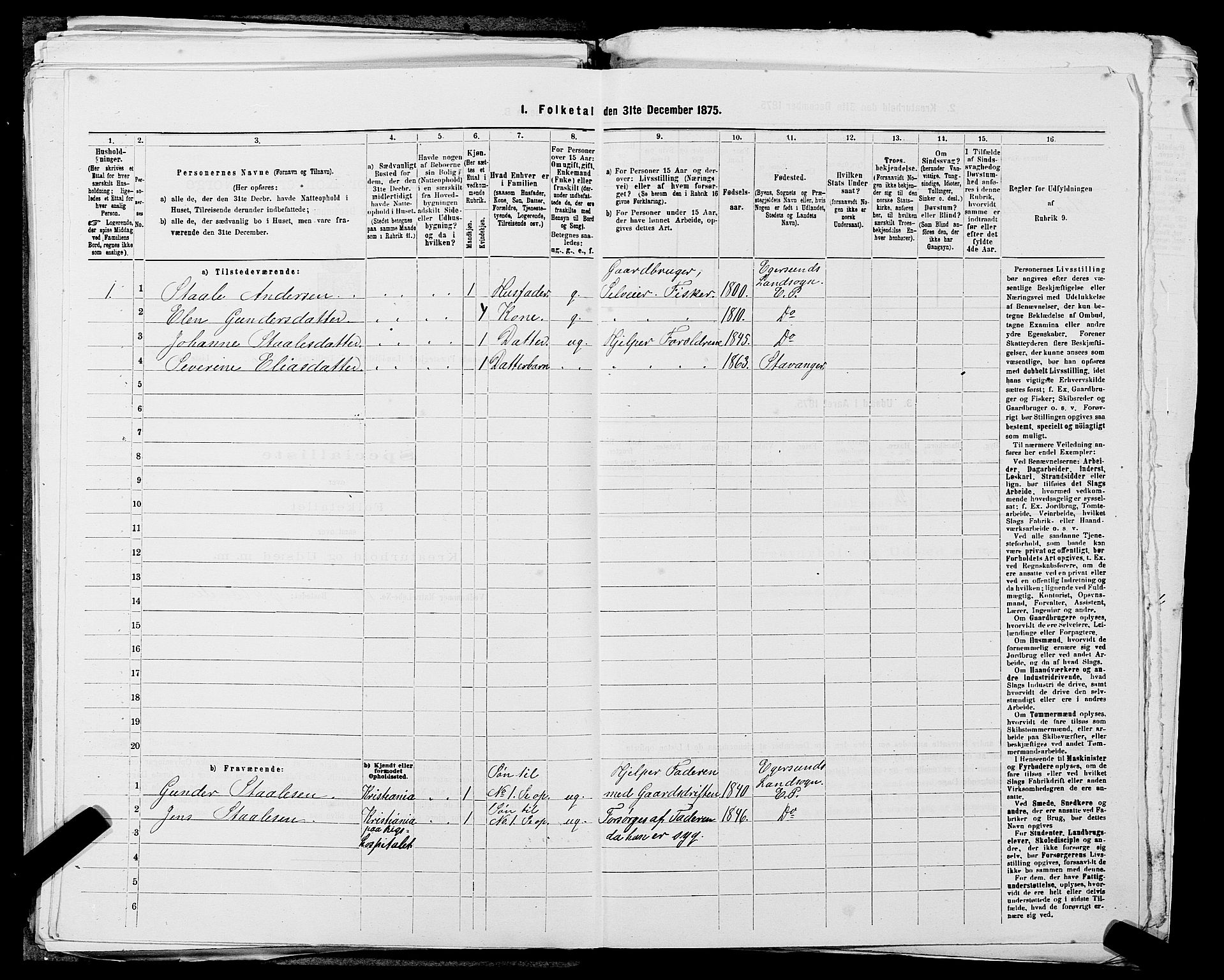 SAST, 1875 census for 1116L Eigersund/Eigersund og Ogna, 1875, p. 331