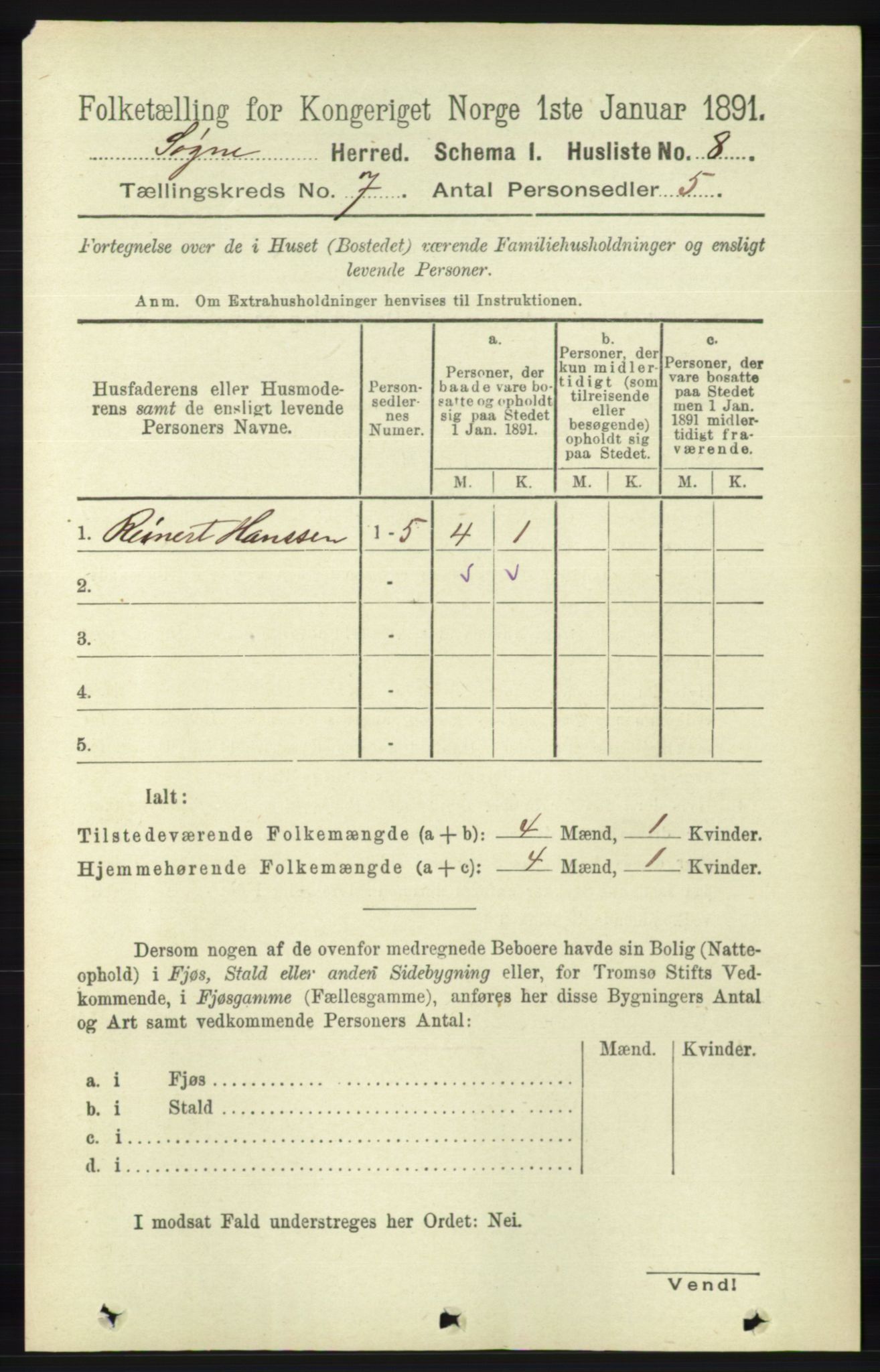 RA, 1891 census for 1018 Søgne, 1891, p. 1431