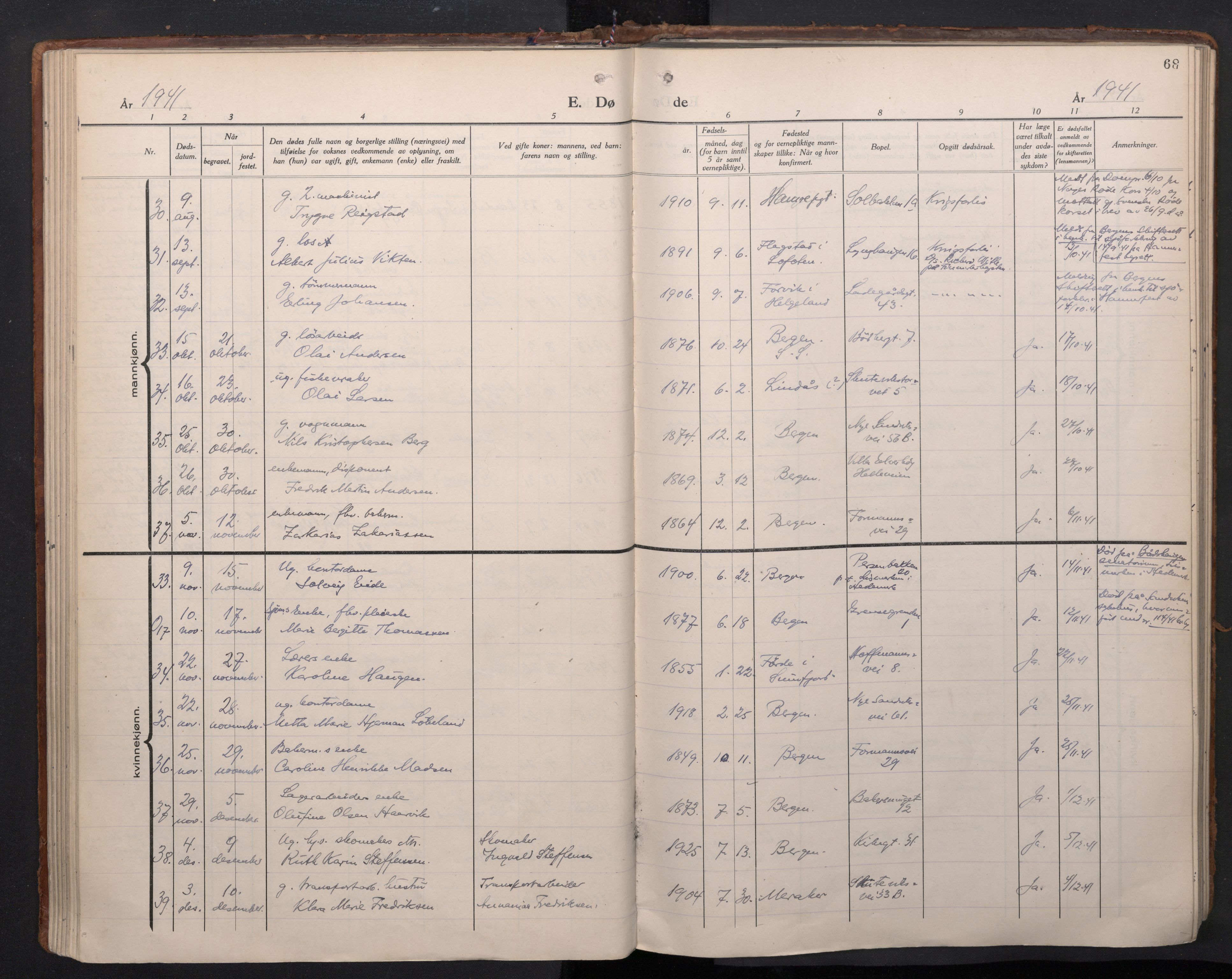 Sandviken Sokneprestembete, SAB/A-77601/H/Ha/L0020: Parish register (official) no. E 3, 1933-1962, p. 68