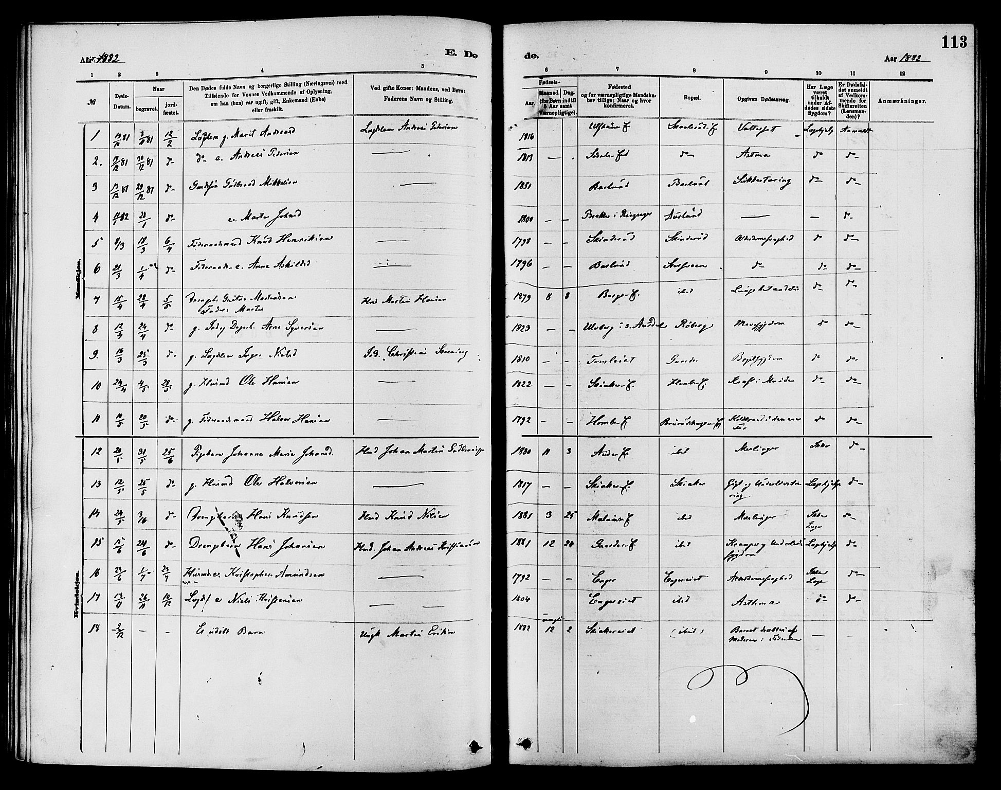 Nordre Land prestekontor, SAH/PREST-124/H/Ha/Haa/L0003: Parish register (official) no. 3, 1882-1896, p. 113