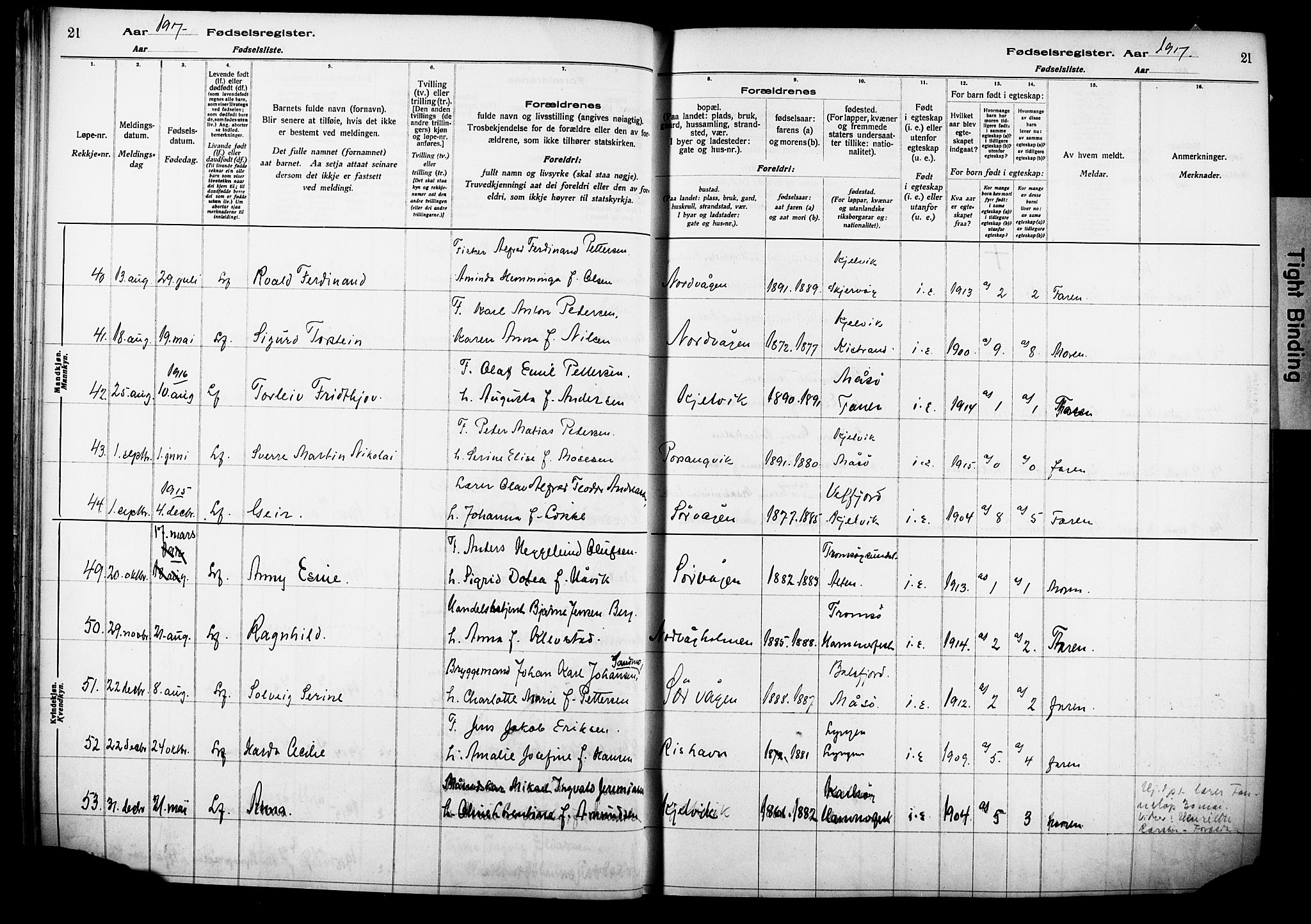 Kjelvik/Nordkapp sokneprestkontor, AV/SATØ-S-1350/I/Ia/L0015: Birth register no. 15, 1916-1930, p. 21