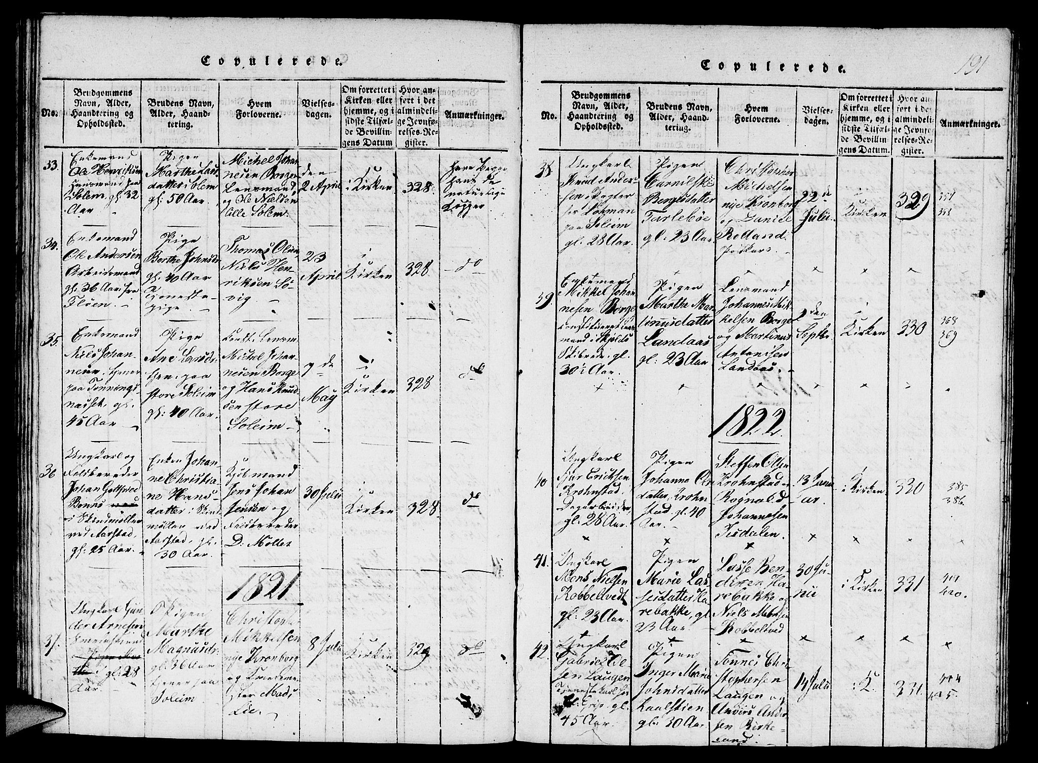 St. Jørgens hospital og Årstad sokneprestembete, AV/SAB-A-99934: Parish register (copy) no. A 1, 1816-1843, p. 191