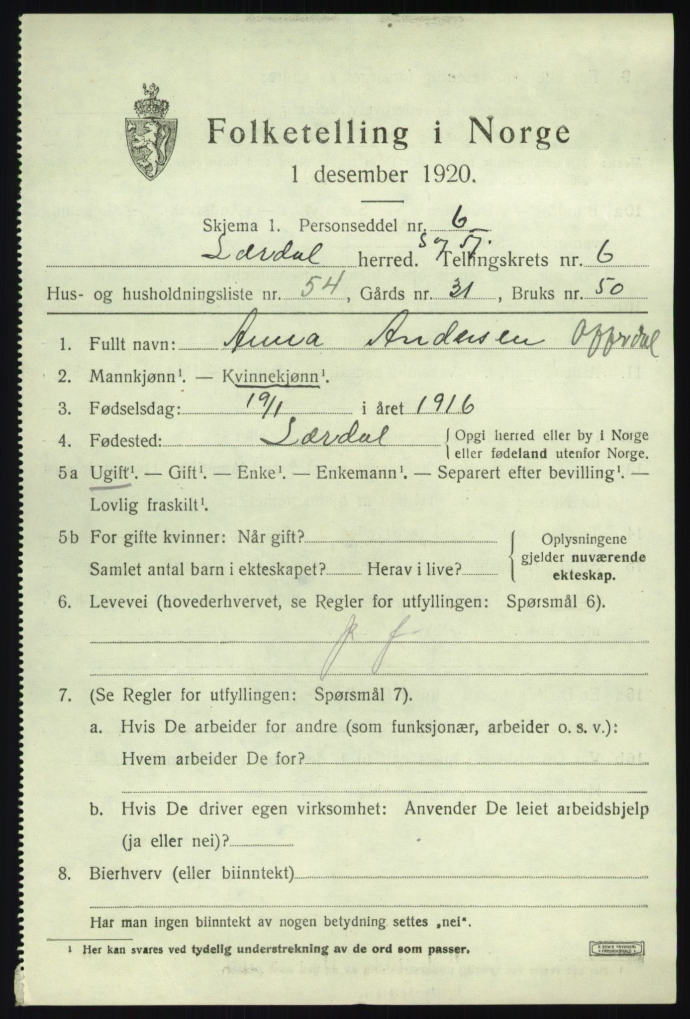 SAB, 1920 census for Lærdal, 1920, p. 3166