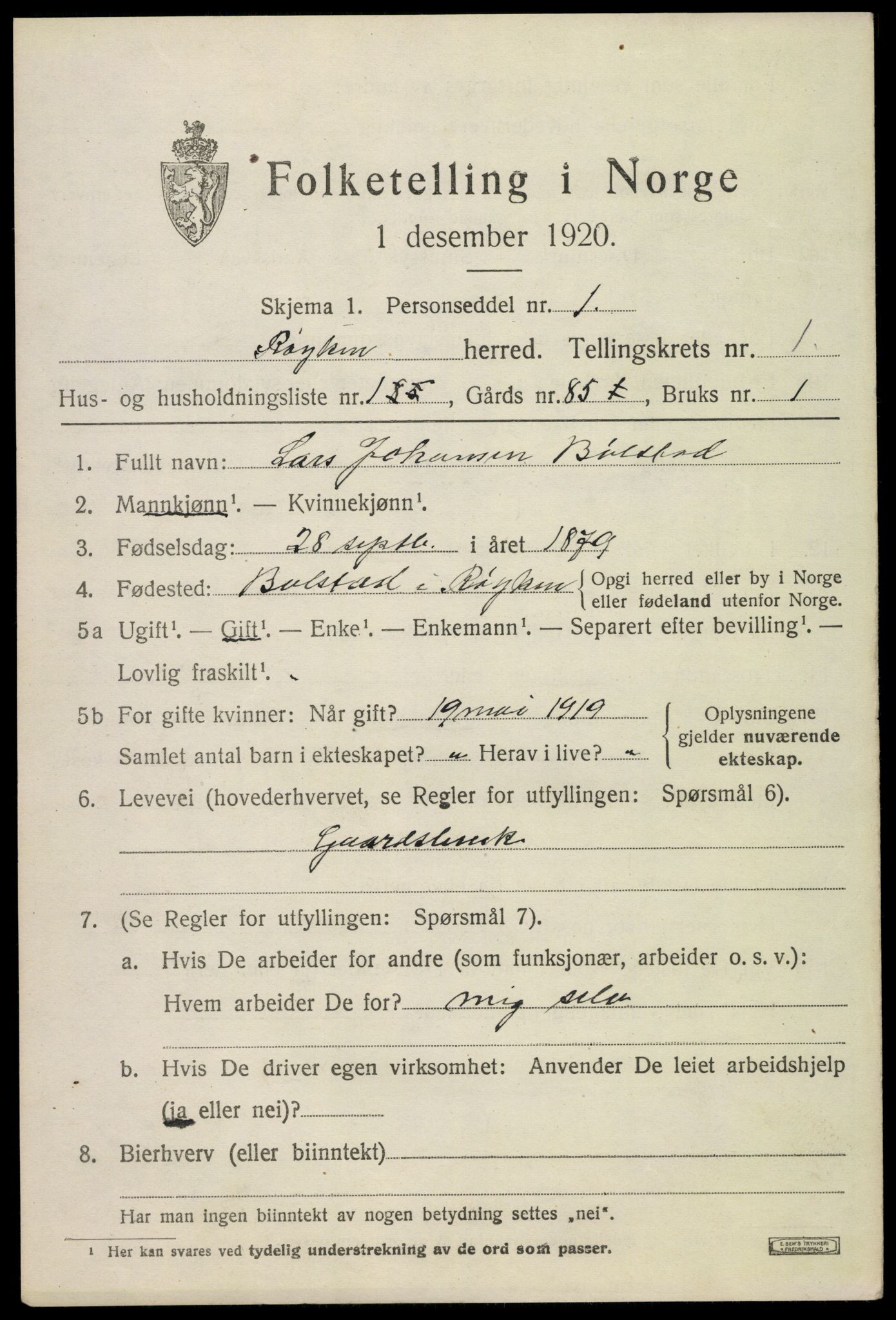 SAKO, 1920 census for Røyken, 1920, p. 1830