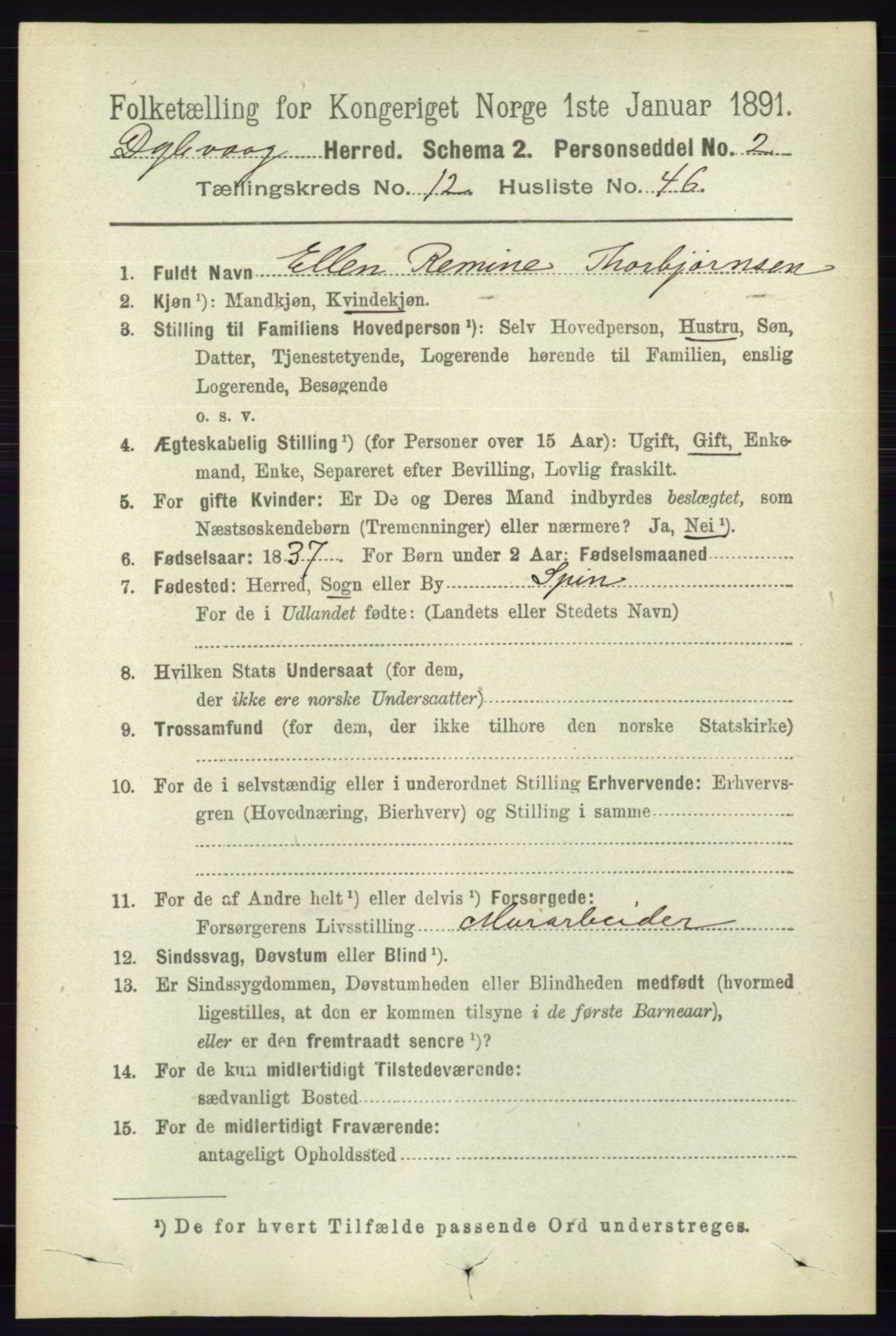 RA, 1891 census for 0915 Dypvåg, 1891, p. 5010