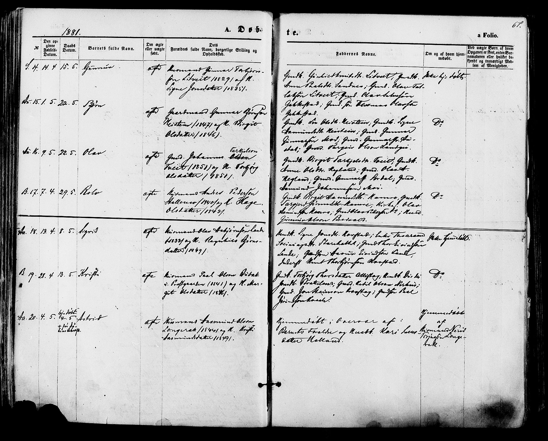 Bygland sokneprestkontor, AV/SAK-1111-0006/F/Fa/Fab/L0006: Parish register (official) no. A 6, 1873-1884, p. 67