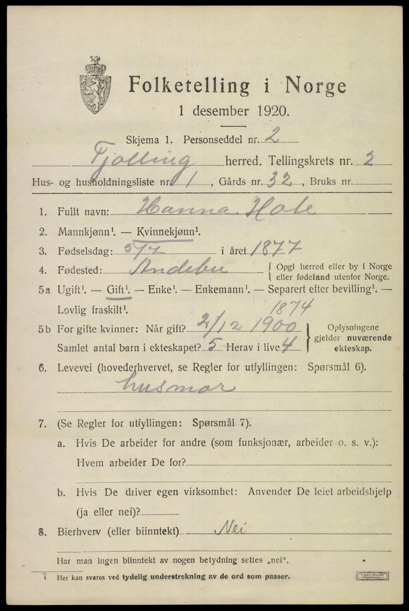 SAKO, 1920 census for Tjølling, 1920, p. 5161