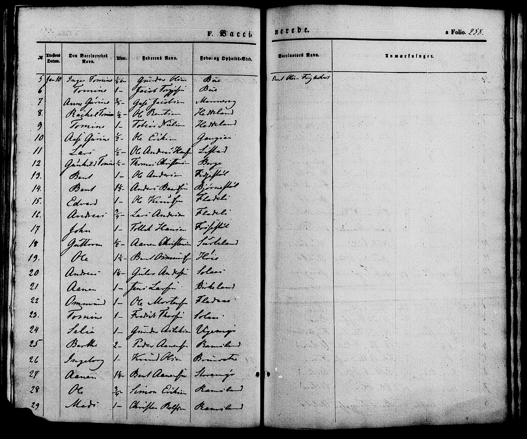 Holum sokneprestkontor, AV/SAK-1111-0022/F/Fa/Fac/L0003: Parish register (official) no. A 3, 1860-1883, p. 258