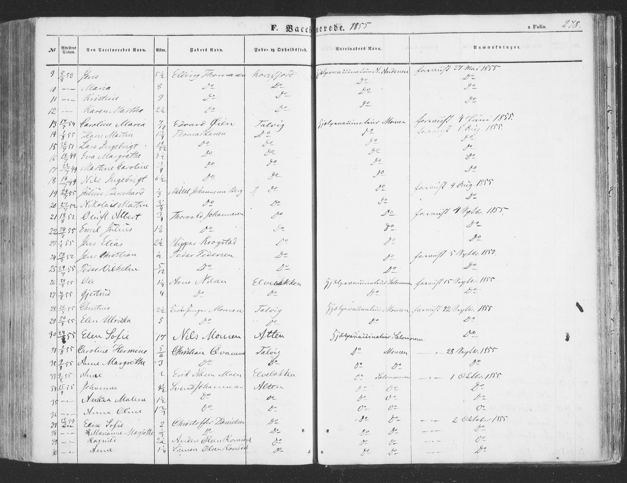 Talvik sokneprestkontor, AV/SATØ-S-1337/H/Ha/L0010kirke: Parish register (official) no. 10, 1852-1864, p. 278