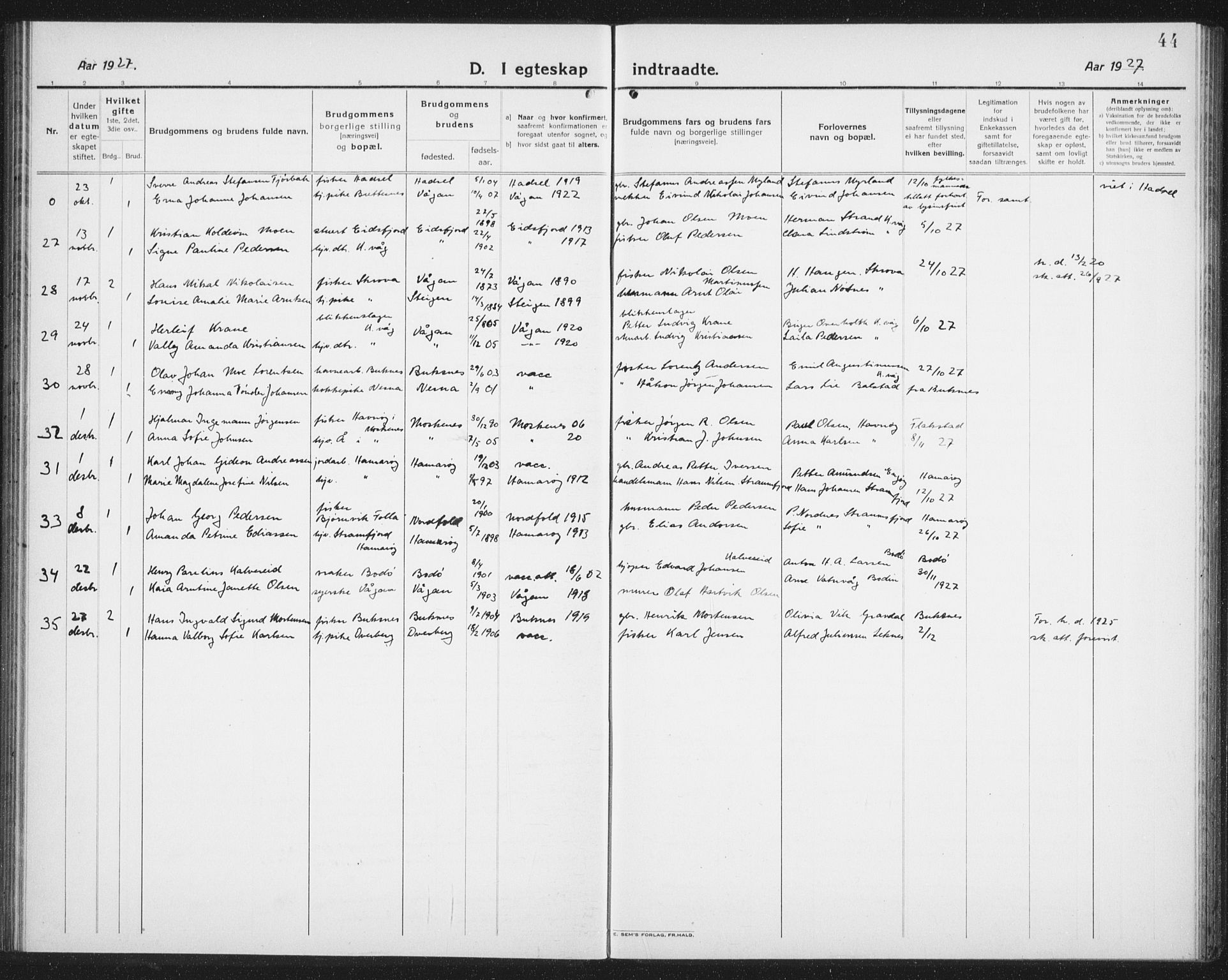 Ministerialprotokoller, klokkerbøker og fødselsregistre - Nordland, AV/SAT-A-1459/874/L1082: Parish register (copy) no. 874C11, 1920-1939, p. 44