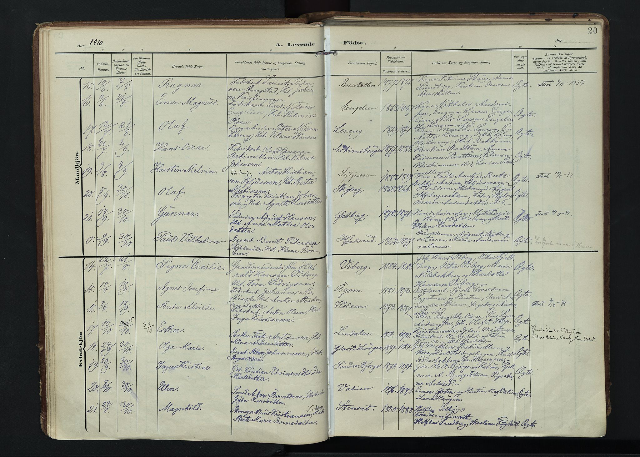 Vardal prestekontor, AV/SAH-PREST-100/H/Ha/Haa/L0020: Parish register (official) no. 20, 1907-1921, p. 20