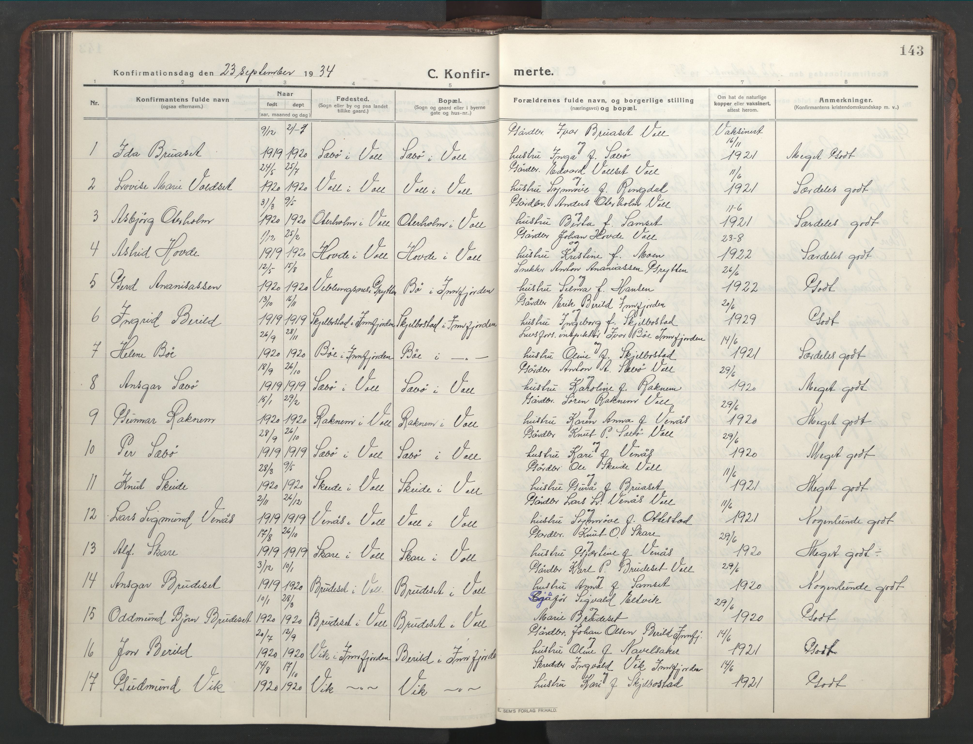 Ministerialprotokoller, klokkerbøker og fødselsregistre - Møre og Romsdal, AV/SAT-A-1454/543/L0565: Parish register (copy) no. 543C03, 1916-1955, p. 143