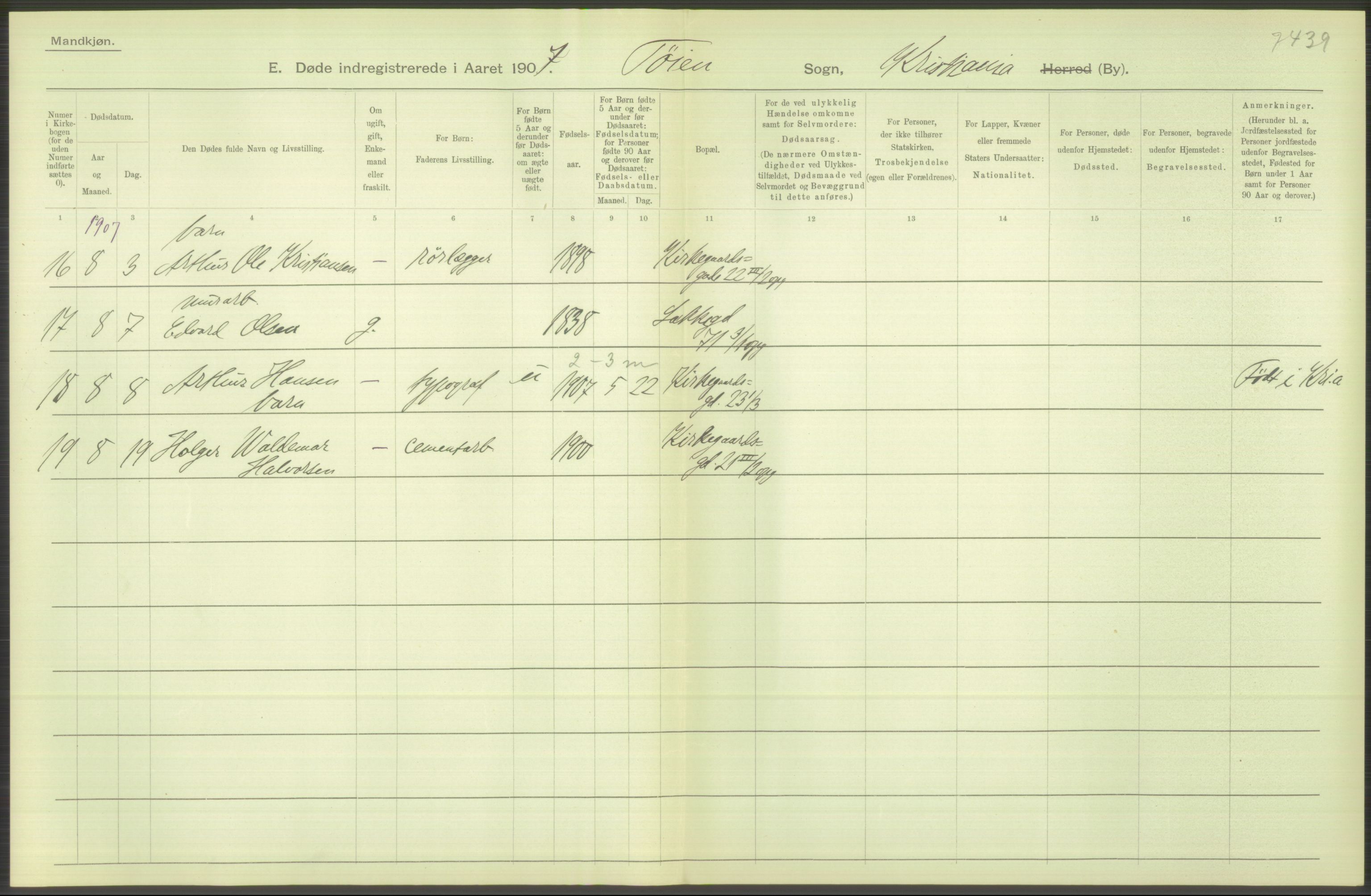 Statistisk sentralbyrå, Sosiodemografiske emner, Befolkning, RA/S-2228/D/Df/Dfa/Dfae/L0009: Kristiania: Døde, 1907, p. 166