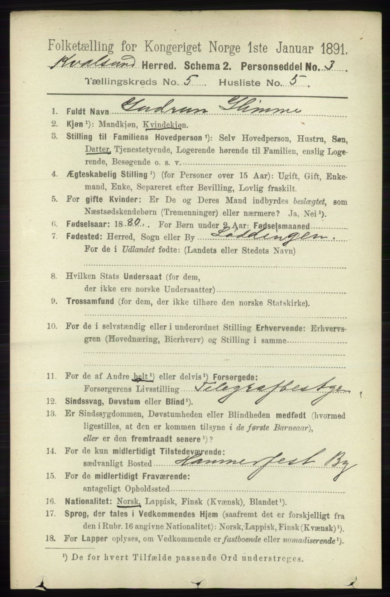 RA, 1891 census for 2017 Kvalsund, 1891, p. 544
