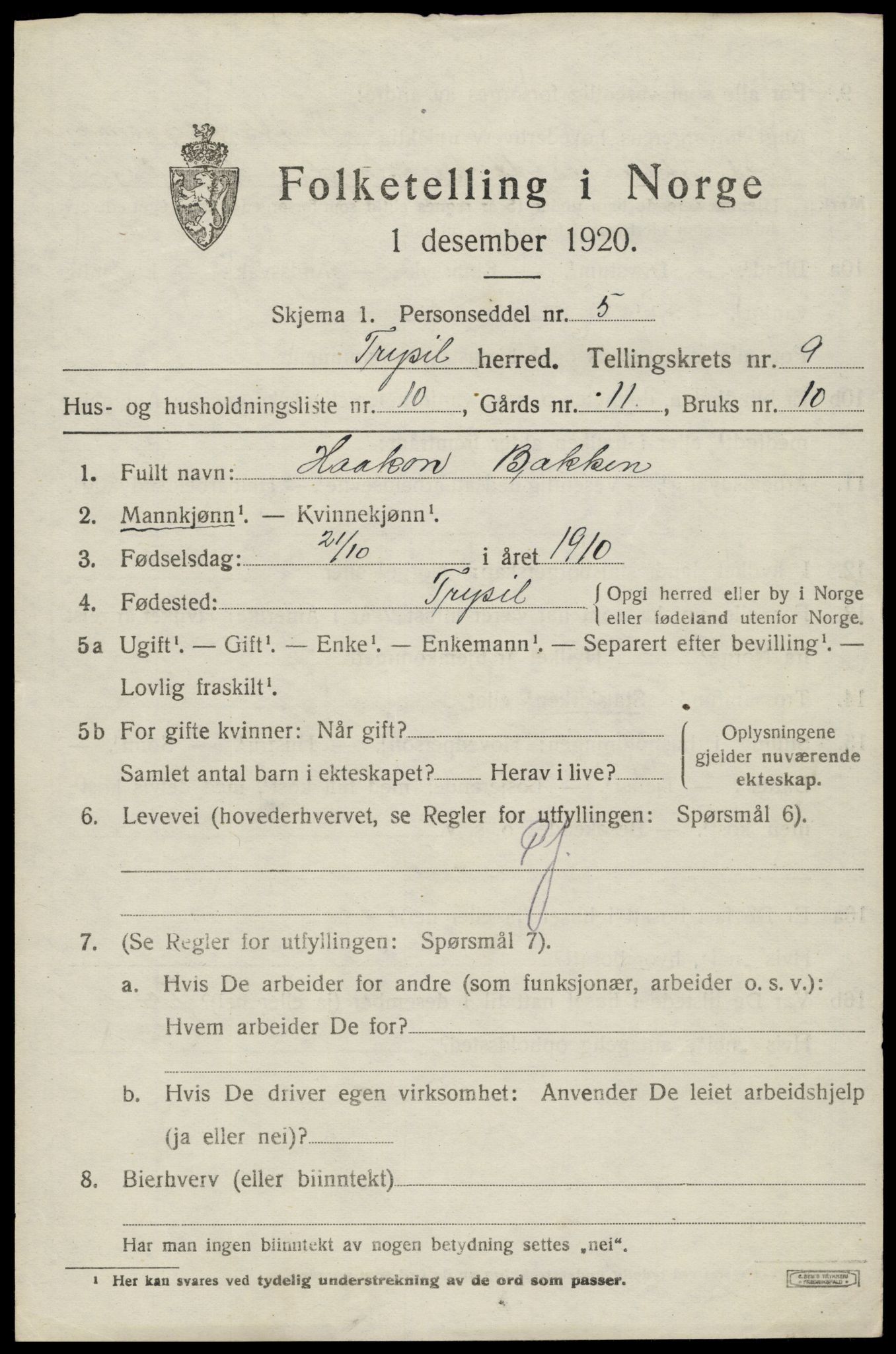 SAH, 1920 census for Trysil, 1920, p. 6671