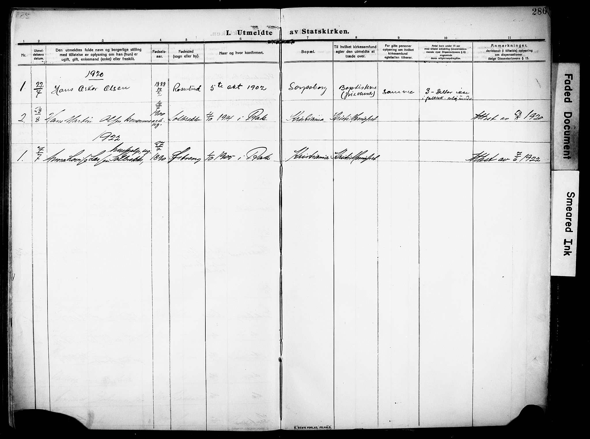 Rakkestad prestekontor Kirkebøker, AV/SAO-A-2008/F/Fa/L0015: Parish register (official) no. I 15, 1909-1922, p. 286