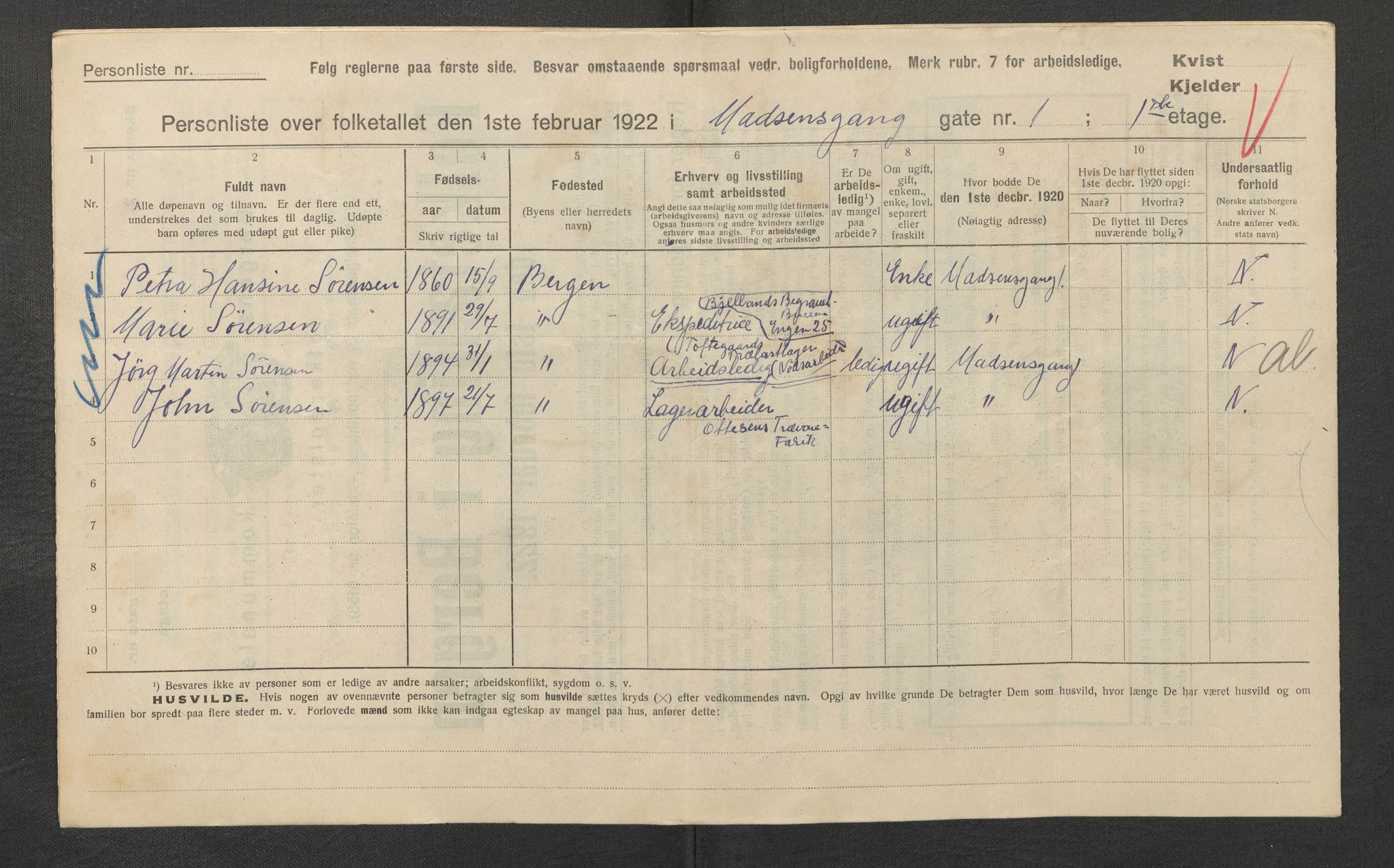 SAB, Municipal Census 1922 for Bergen, 1922, p. 23321