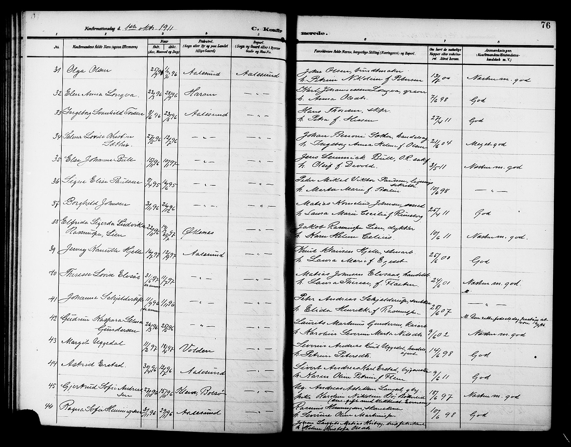 Ministerialprotokoller, klokkerbøker og fødselsregistre - Møre og Romsdal, SAT/A-1454/529/L0470: Parish register (copy) no. 529C07, 1907-1917, p. 76